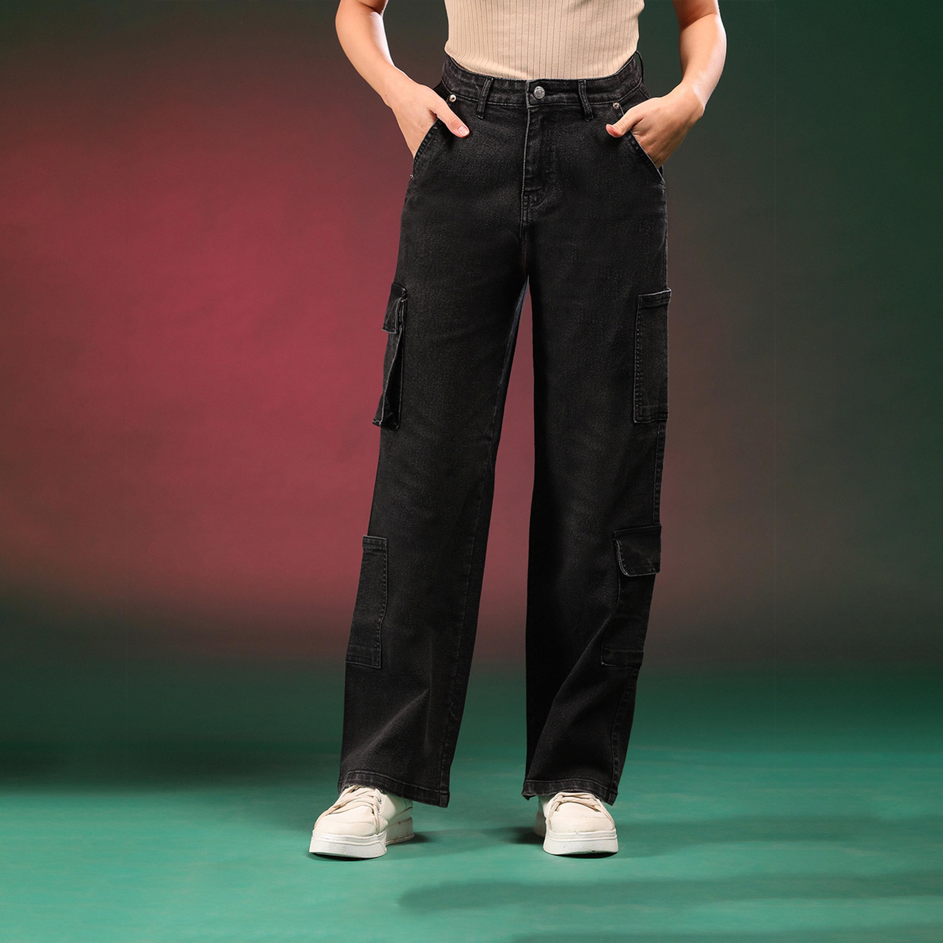 كوتي × ستايلي - بنطال جينز كارغو نسائي مستقيم ومرن وممزق بخصر مرتفع ولون فاتح-women-clothing-bottoms-jeans-image-1