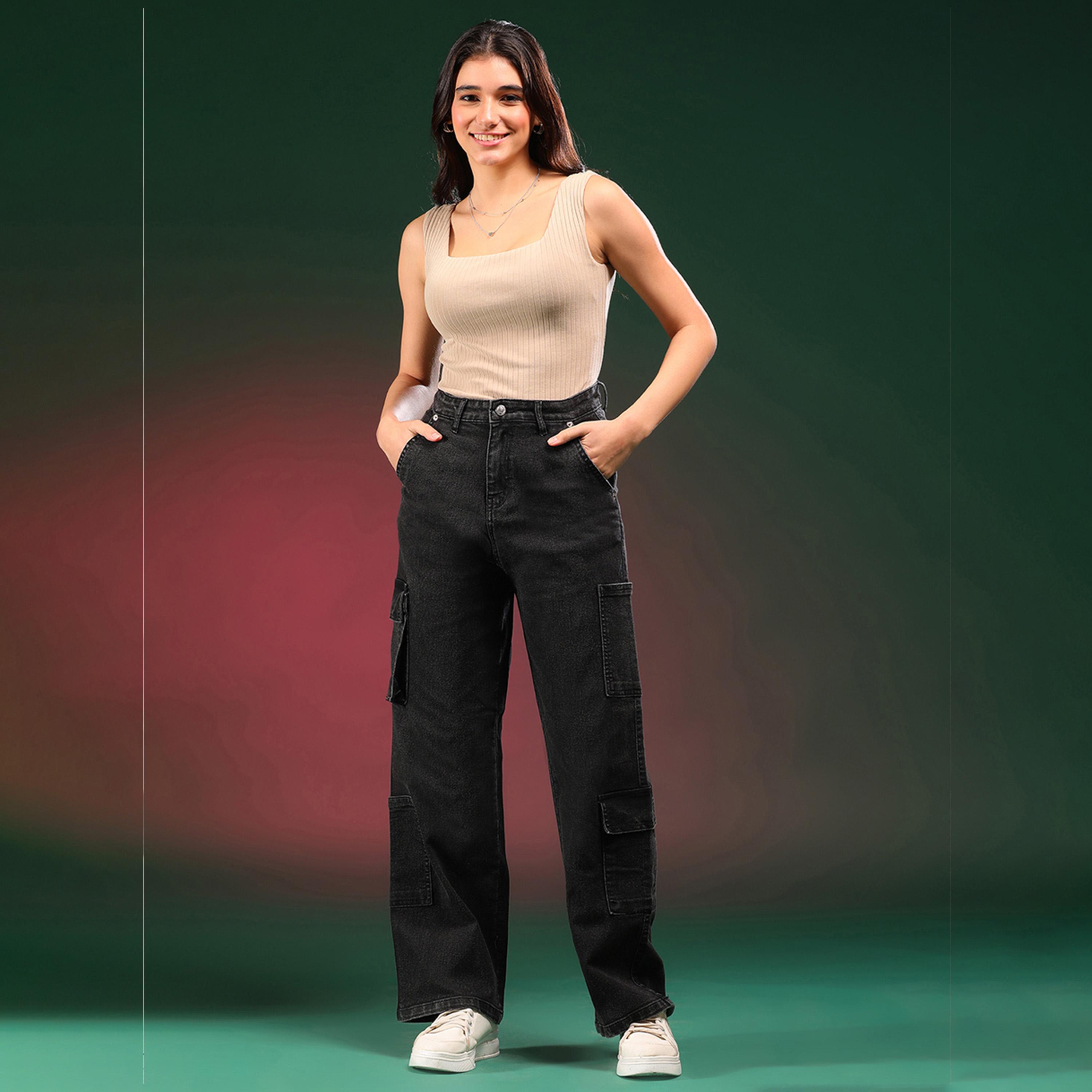 كوتي × ستايلي - بنطال جينز كارغو نسائي مستقيم ومرن وممزق بخصر مرتفع ولون فاتح-women-clothing-bottoms-jeans-image-3