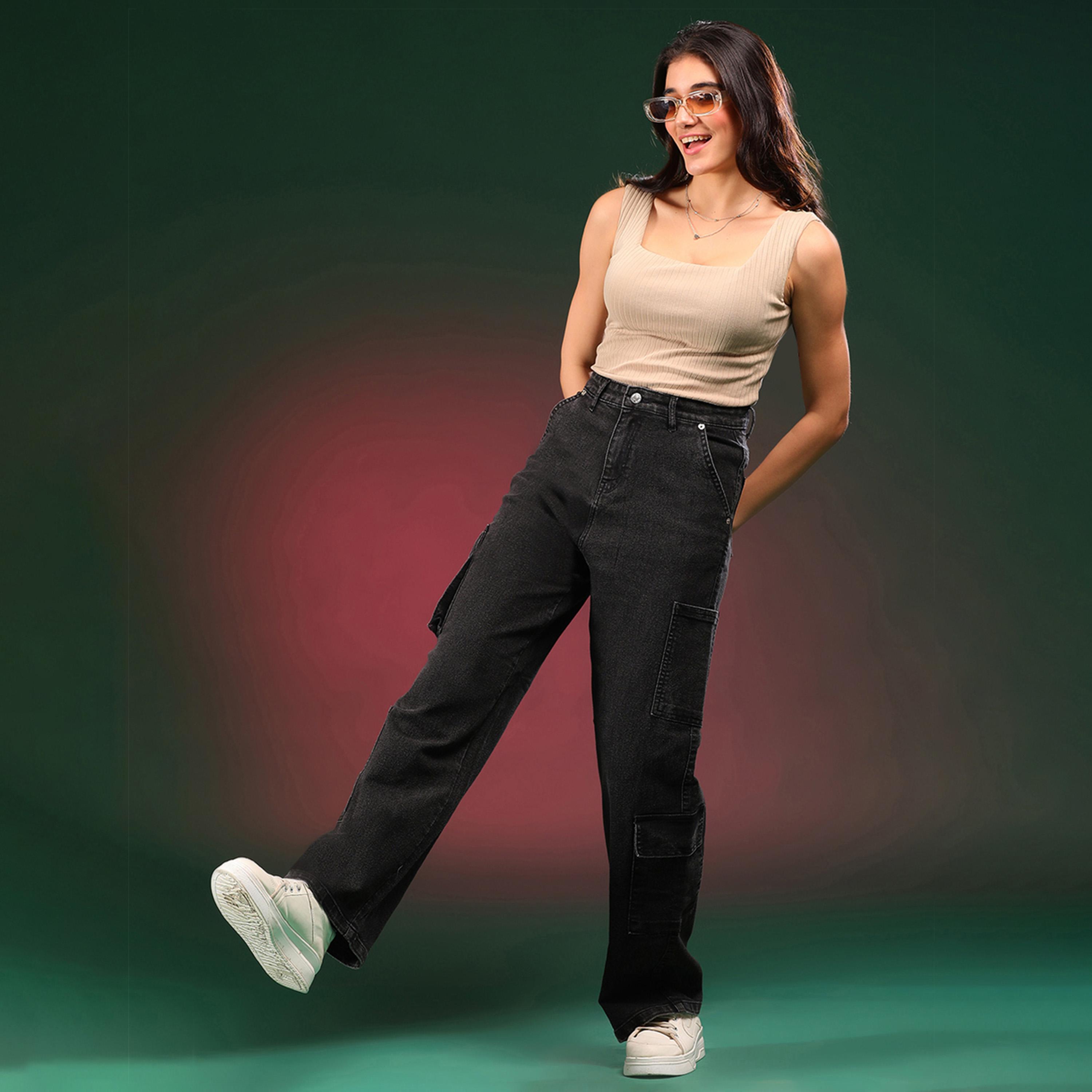 كوتي × ستايلي - بنطال جينز كارغو نسائي مستقيم ومرن وممزق بخصر مرتفع ولون فاتح-women-clothing-bottoms-jeans-image-4