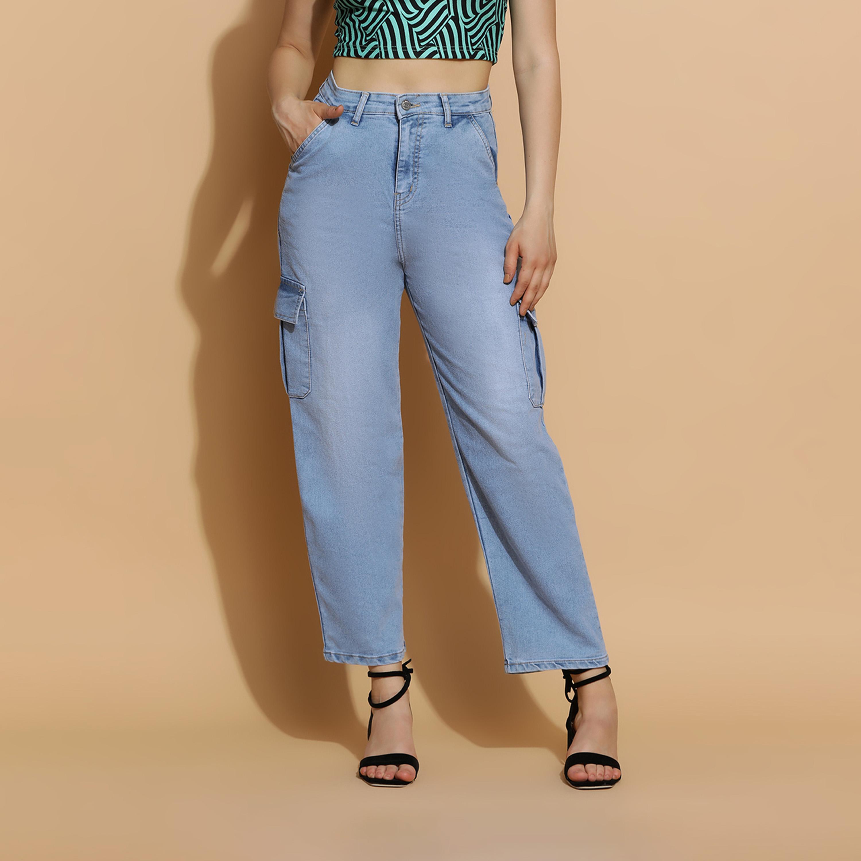 كوتي × ستايلي - بنطال جينز كارغو نسائي بقصّة مستقيمة من القطن القابل للتمدد والباهت-women-clothing-bottoms-jeans-image-1