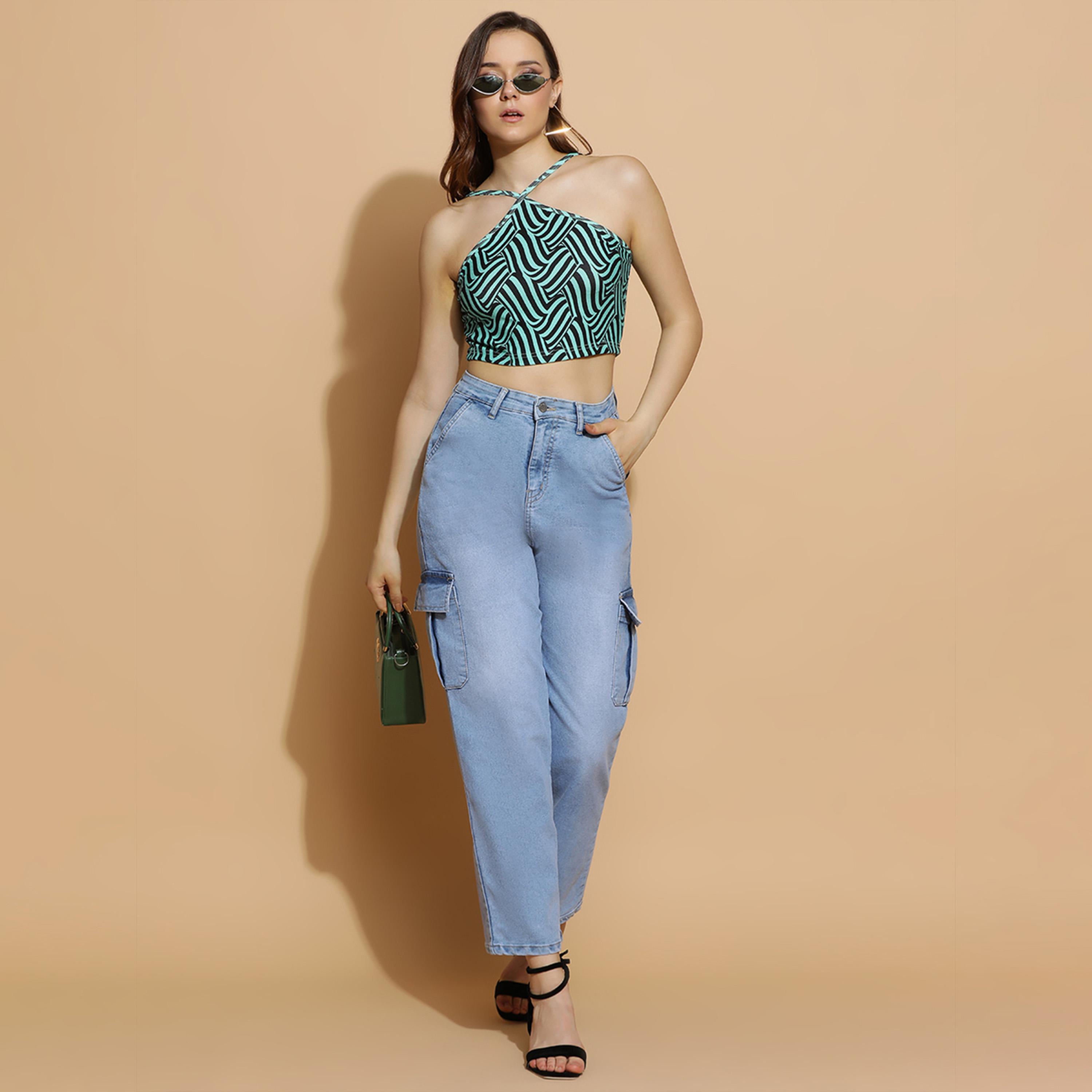 كوتي × ستايلي - بنطال جينز كارغو نسائي بقصّة مستقيمة من القطن القابل للتمدد والباهت-women-clothing-bottoms-jeans-image-2
