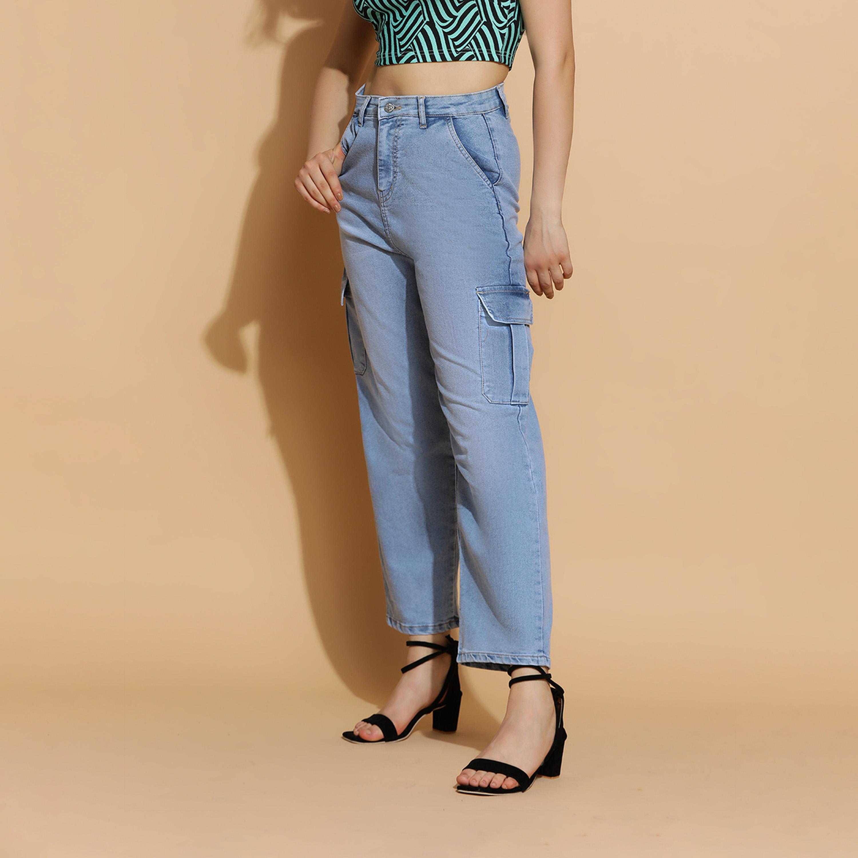 كوتي × ستايلي - بنطال جينز كارغو نسائي بقصّة مستقيمة من القطن القابل للتمدد والباهت-women-clothing-bottoms-jeans-image-3