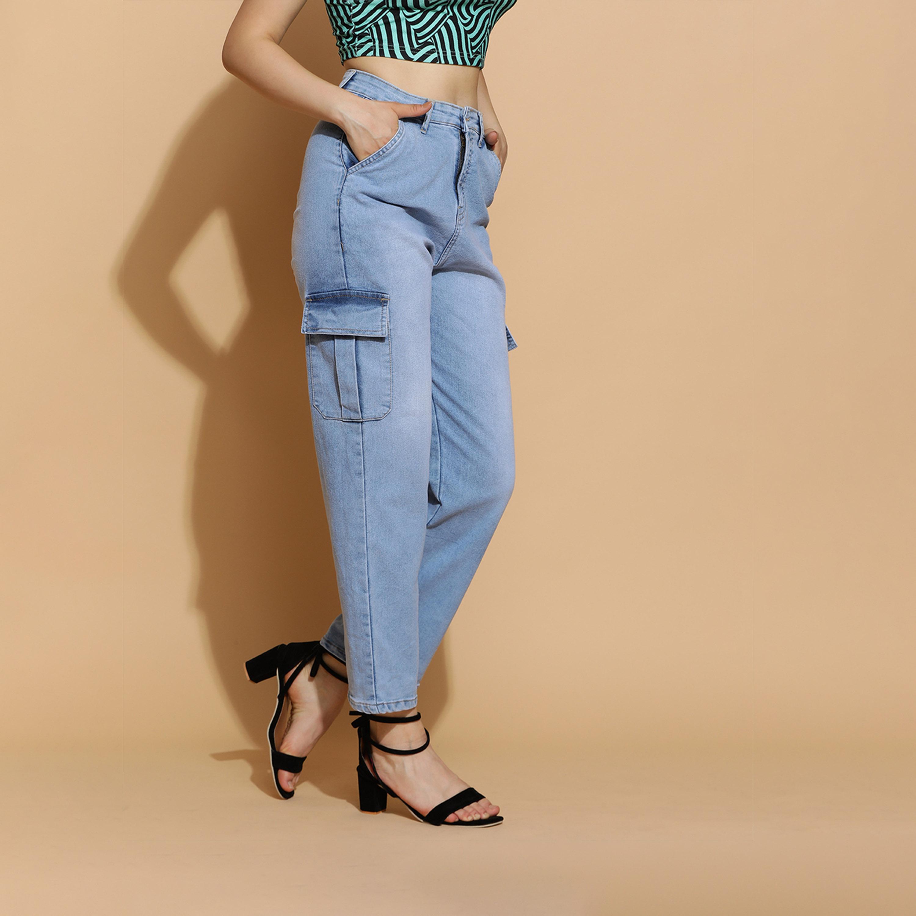 كوتي × ستايلي - بنطال جينز كارغو نسائي بقصّة مستقيمة من القطن القابل للتمدد والباهت-women-clothing-bottoms-jeans-image-4