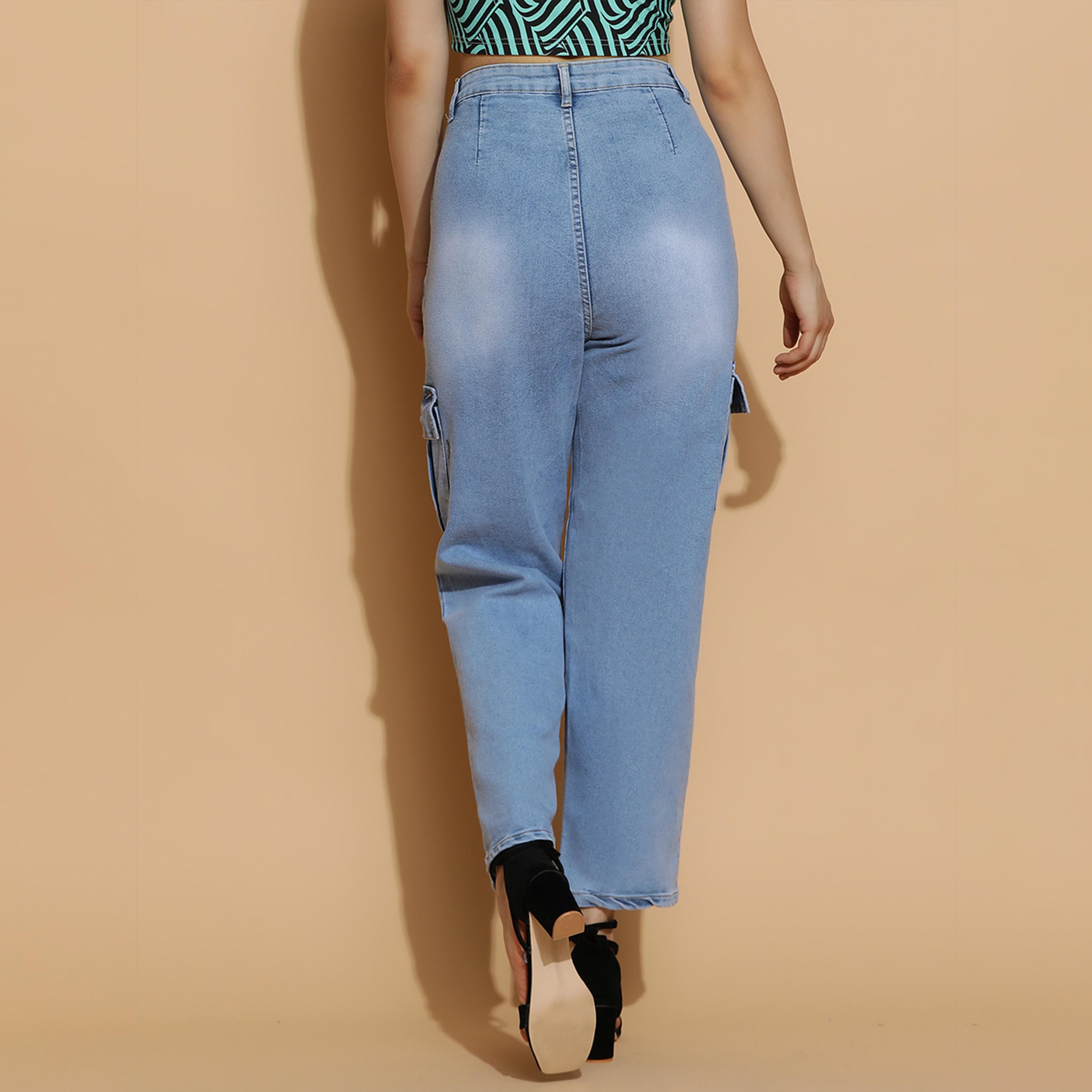 كوتي × ستايلي - بنطال جينز كارغو نسائي بقصّة مستقيمة من القطن القابل للتمدد والباهت-women-clothing-bottoms-jeans-image-5