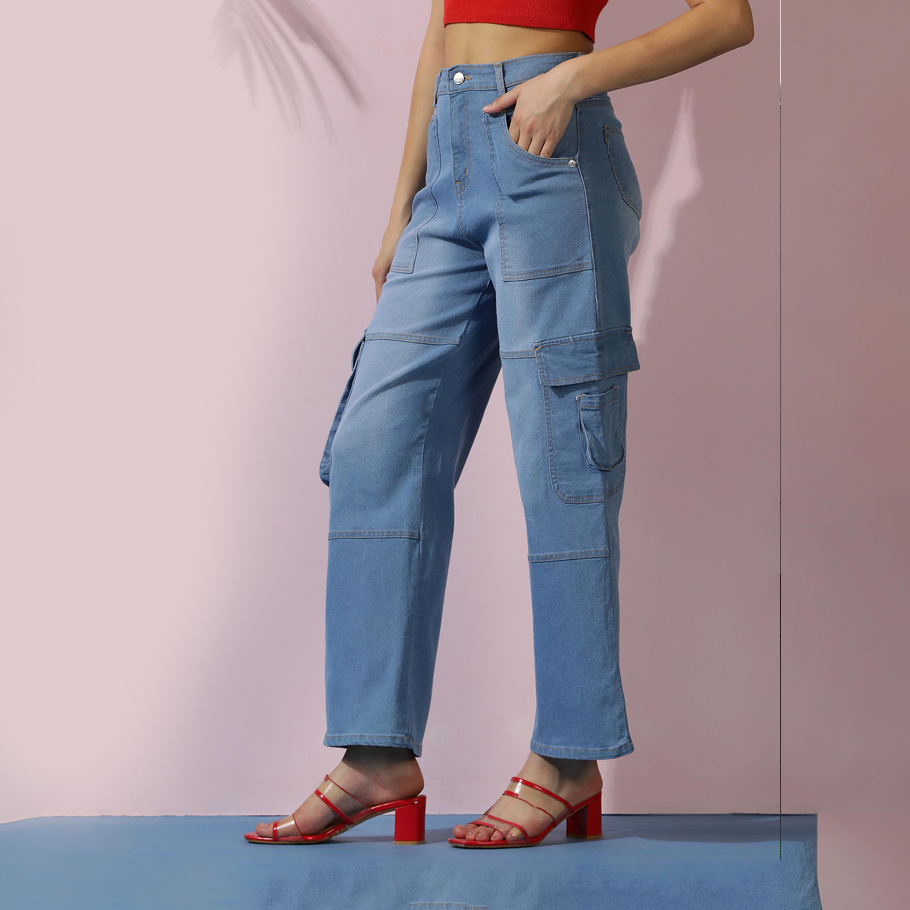 Kotty X Styli Womens Wide Leg High-Rise Mildly Distressed Light Fade Stretchable Cargo Jeans-women-clothing-bottoms-jeans-image-1