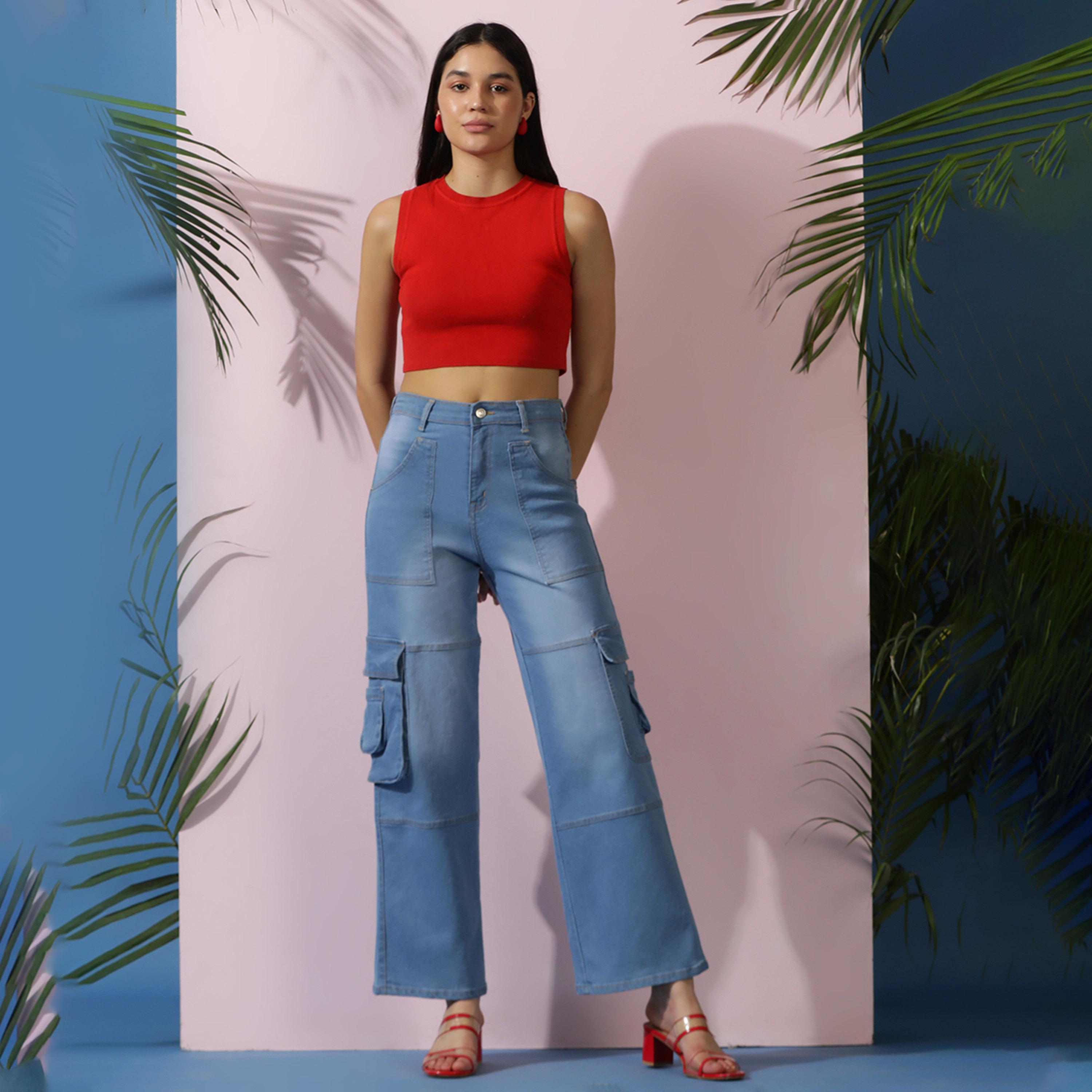 Kotty X Styli Womens Wide Leg High-Rise Mildly Distressed Light Fade Stretchable Cargo Jeans-women-clothing-bottoms-jeans-image-7