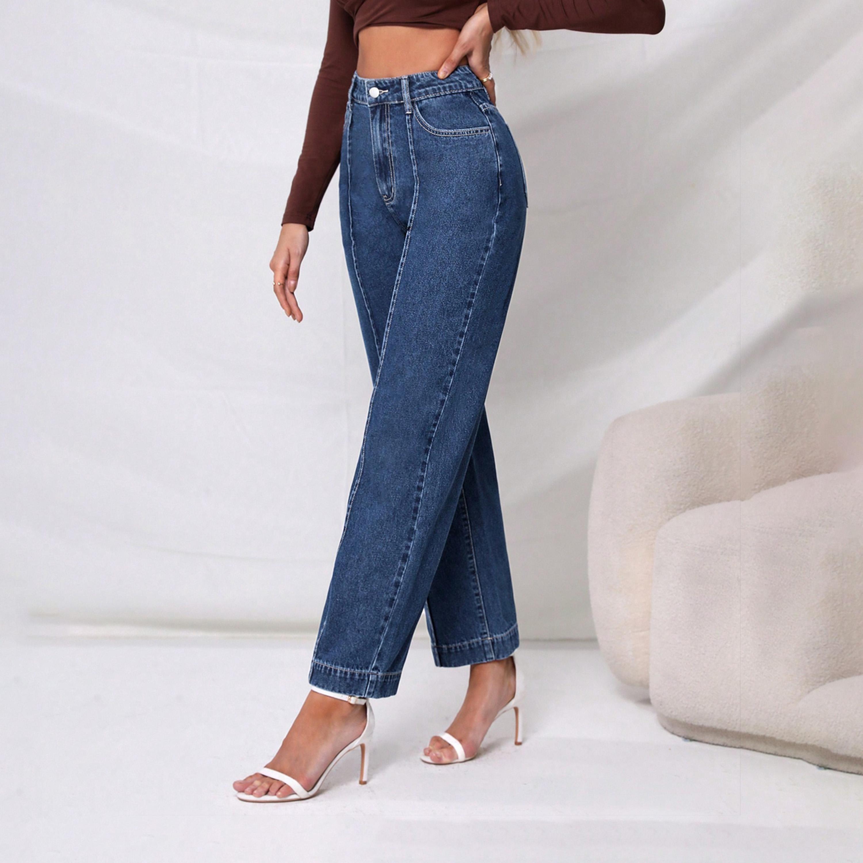 كوتي × ستايلي - بنطال جينز نسائي قابل للتمدد بقصة مستقيمة وخصر مرتفع بفتحة عند الركبة-women-clothing-bottoms-jeans-image-1