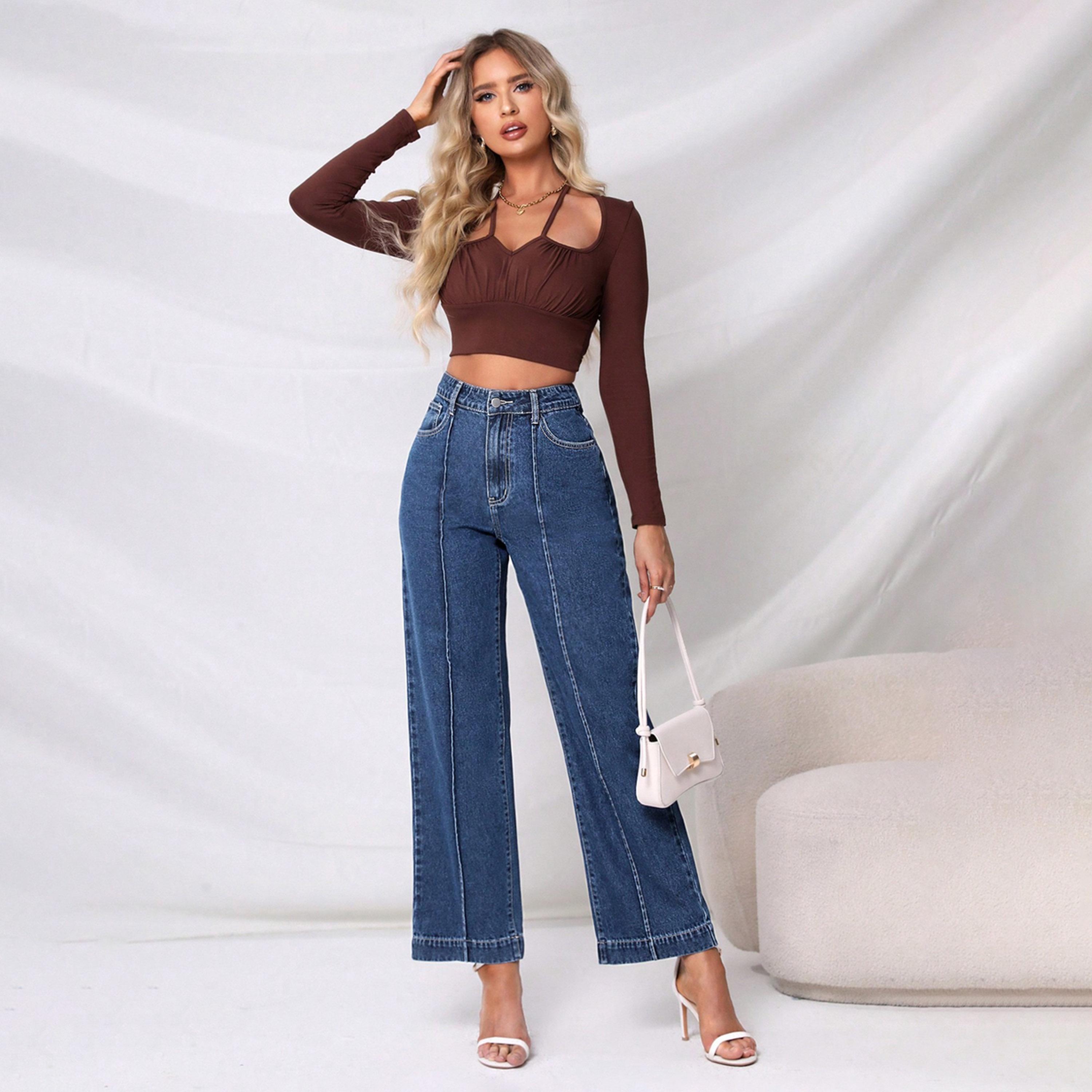 كوتي × ستايلي - بنطال جينز نسائي قابل للتمدد بقصة مستقيمة وخصر مرتفع بفتحة عند الركبة-women-clothing-bottoms-jeans-image-3
