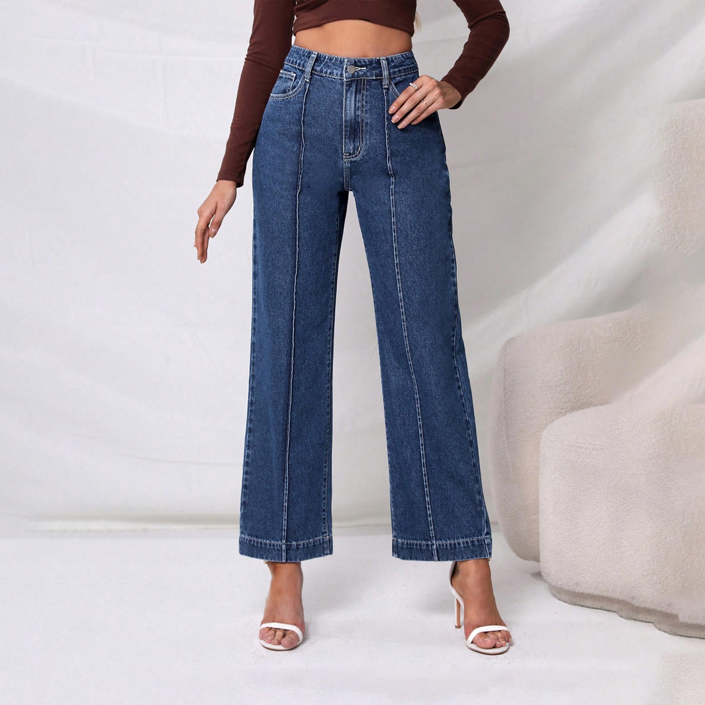 كوتي × ستايلي - بنطال جينز نسائي قابل للتمدد بقصة مستقيمة وخصر مرتفع بفتحة عند الركبة-women-clothing-bottoms-jeans-image-4