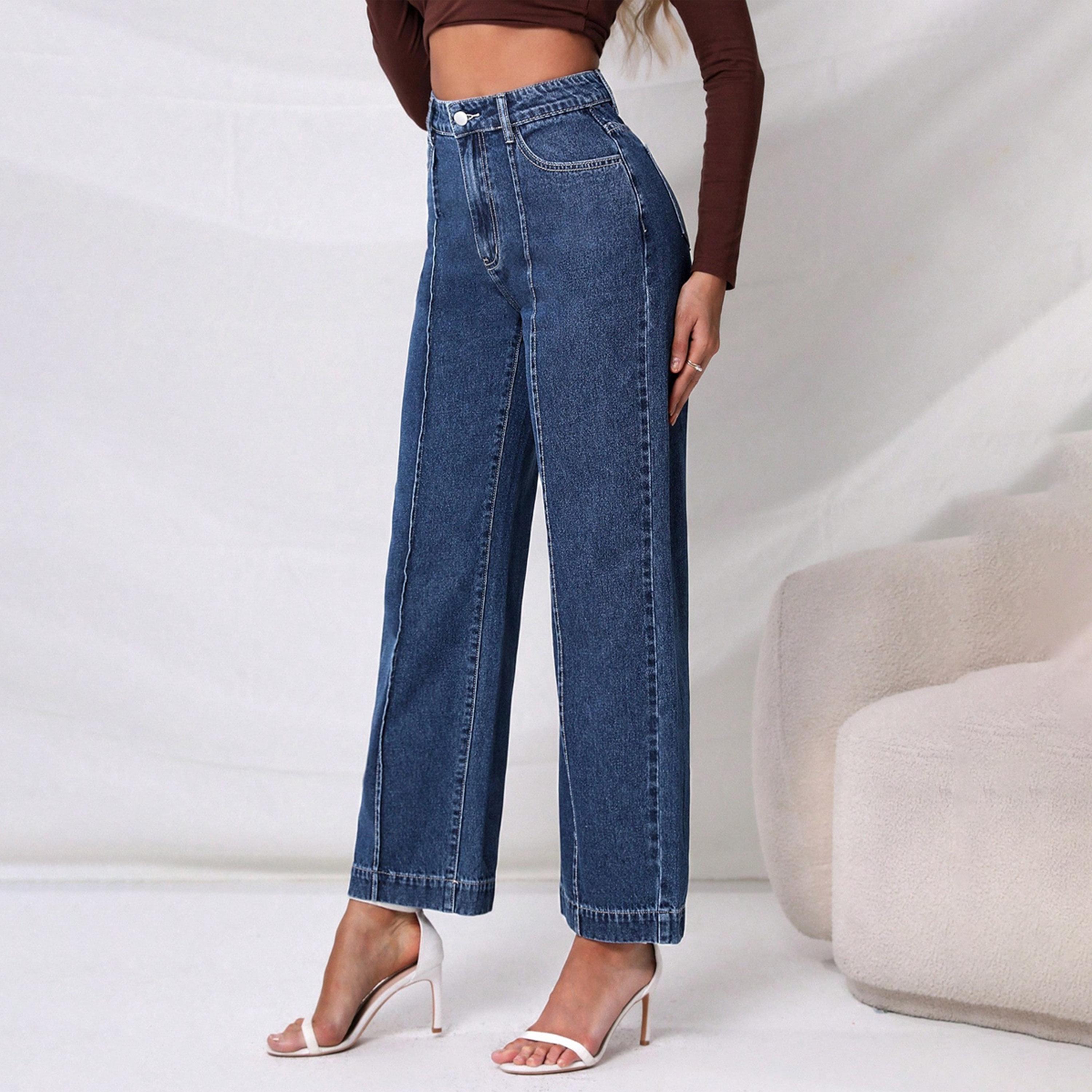 كوتي × ستايلي - بنطال جينز نسائي قابل للتمدد بقصة مستقيمة وخصر مرتفع بفتحة عند الركبة-women-clothing-bottoms-jeans-image-5