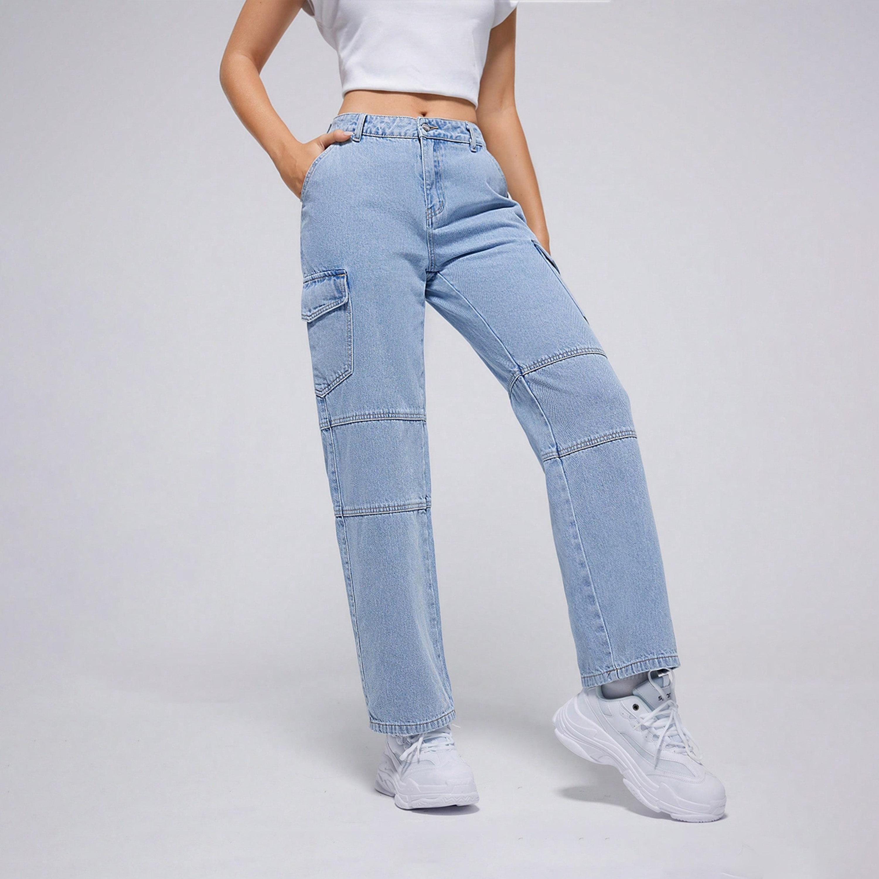 كوتي × ستايلي - بنطال جينز كارغو نسائي قابل للتمدد بقصة مستقيمة وفتحة عند الركبة-women-clothing-bottoms-jeans-image-4
