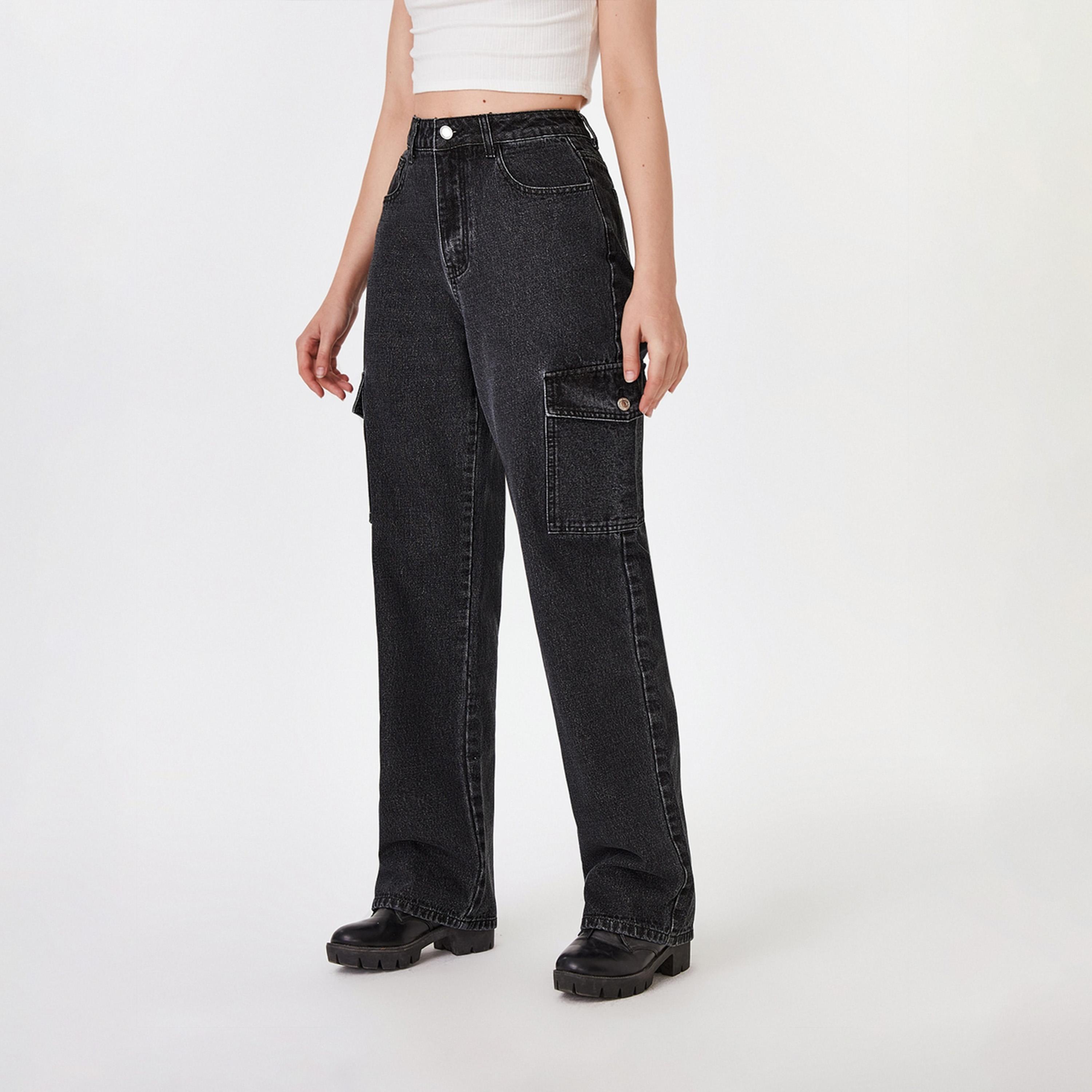 كوتي × ستايلي - بنطال جينز كارغو نسائي قابل للتمدد بقصّة مستقيمة وخصر مرتفع-women-clothing-bottoms-jeans-image-1