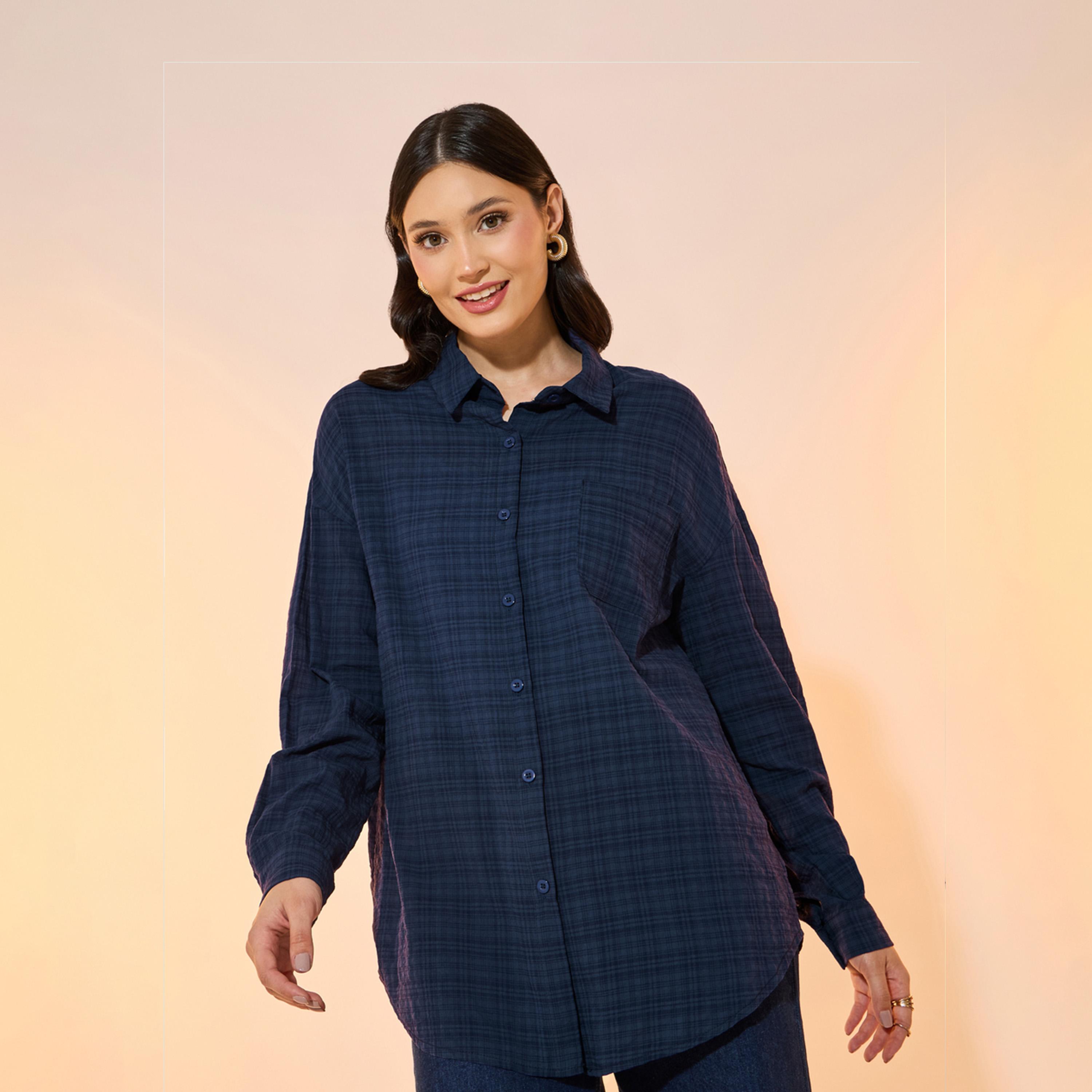 بلوزة فضفاضة بطبعة مربعات وأكمام طويلة-women-clothing-shirtsandblouses-shirts-image-5