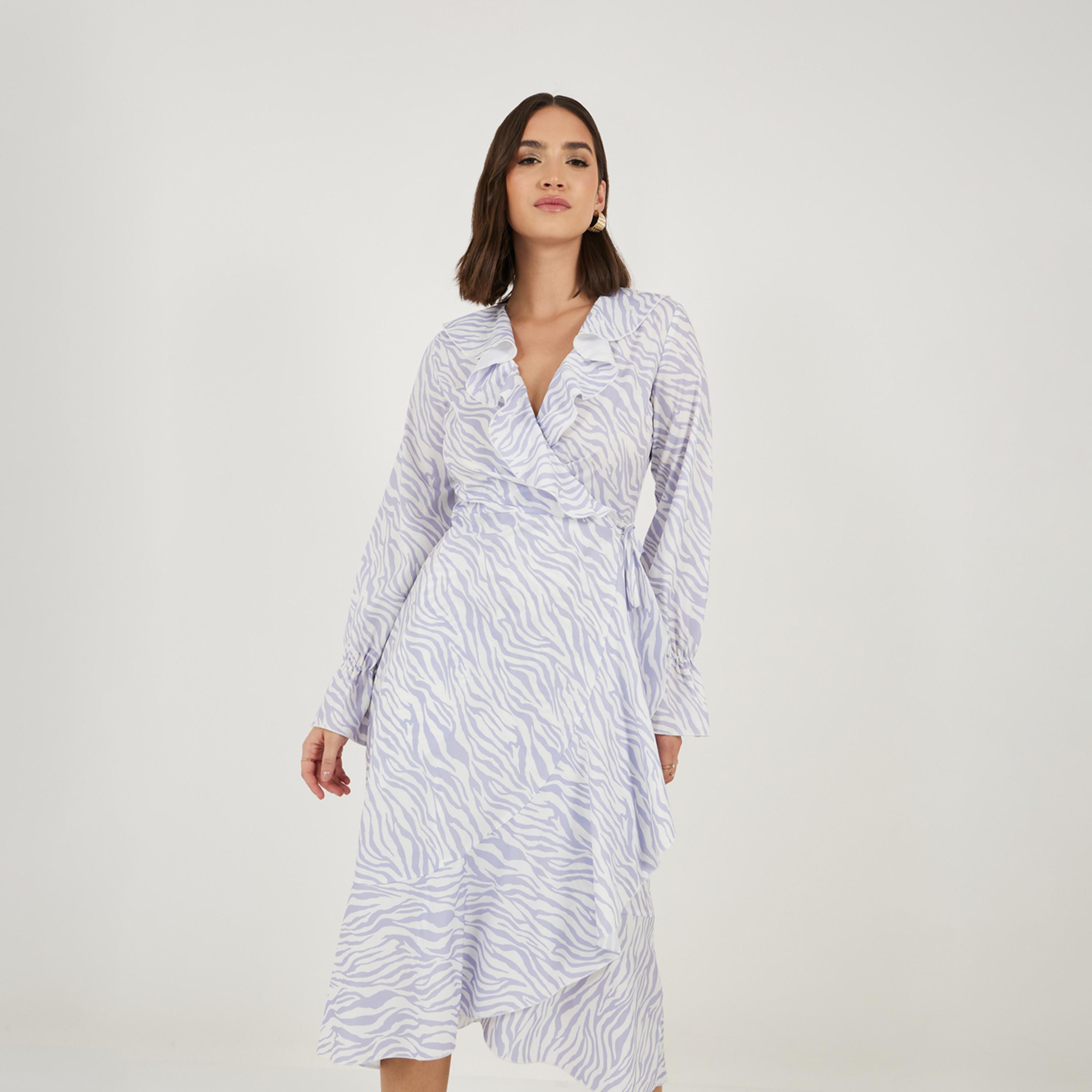 Take Two Animal Print Ruffled Wrap Midi Dress-women-clothing-dresses-image-2
