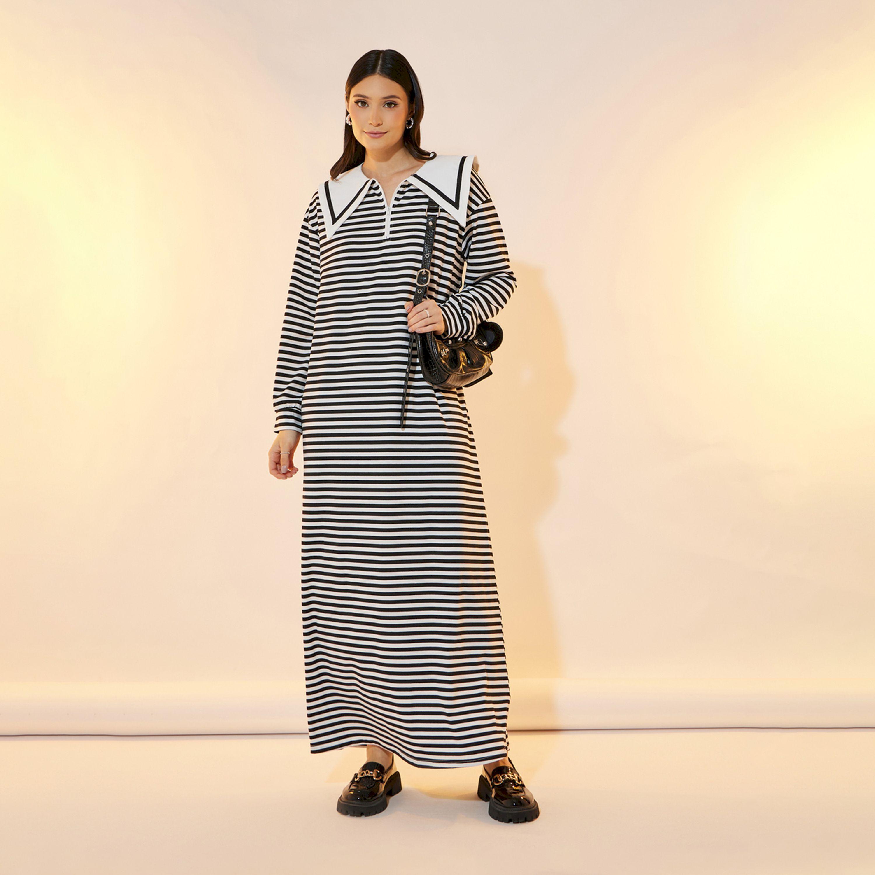 Take Two Striped Peter Pan Neck A-Line Maxi Dress-women-clothing-dresses-image-1