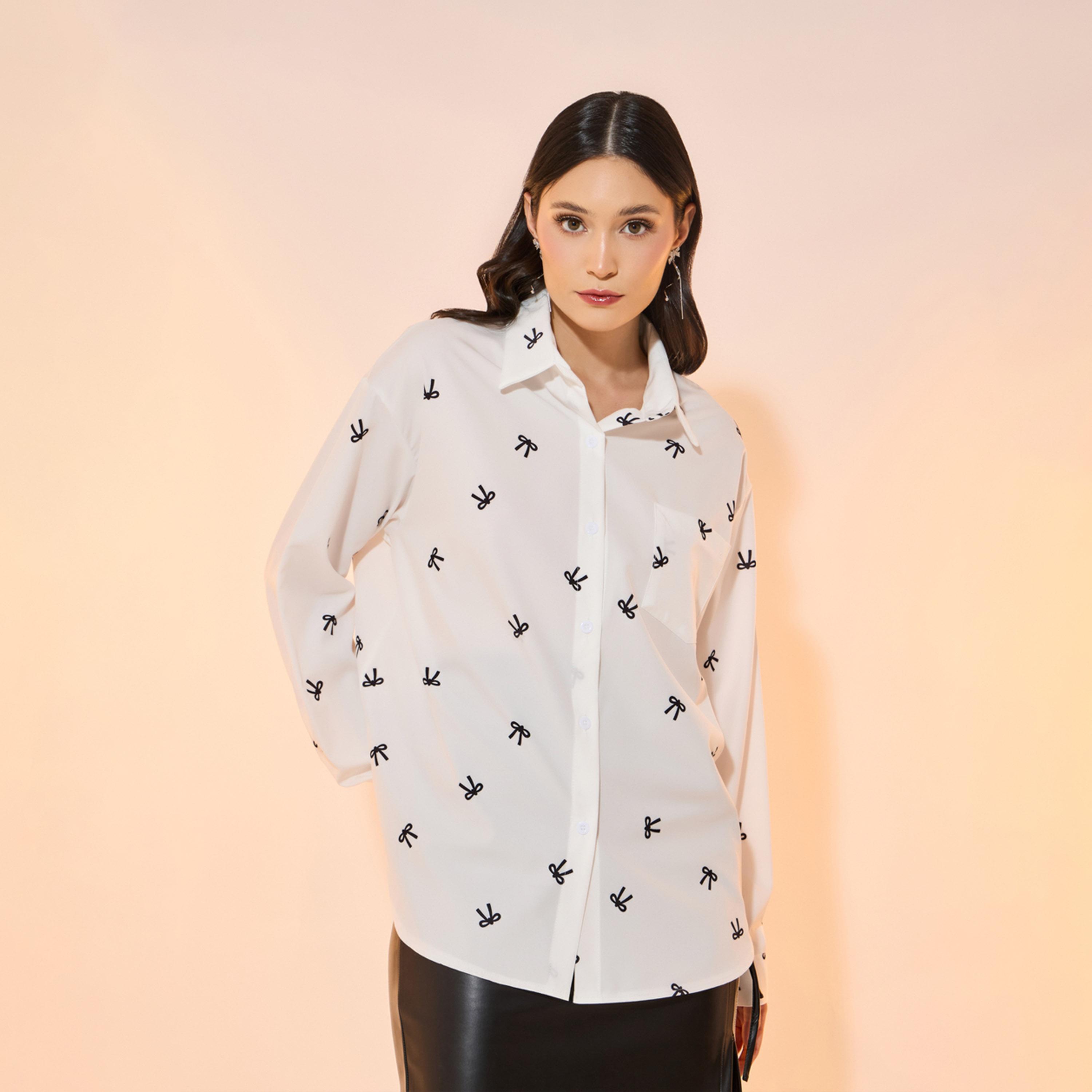 Take Two All Over Bowknot Print Oversized Collared Shirt-women-clothing-shirtsandblouses-shirts-image-3