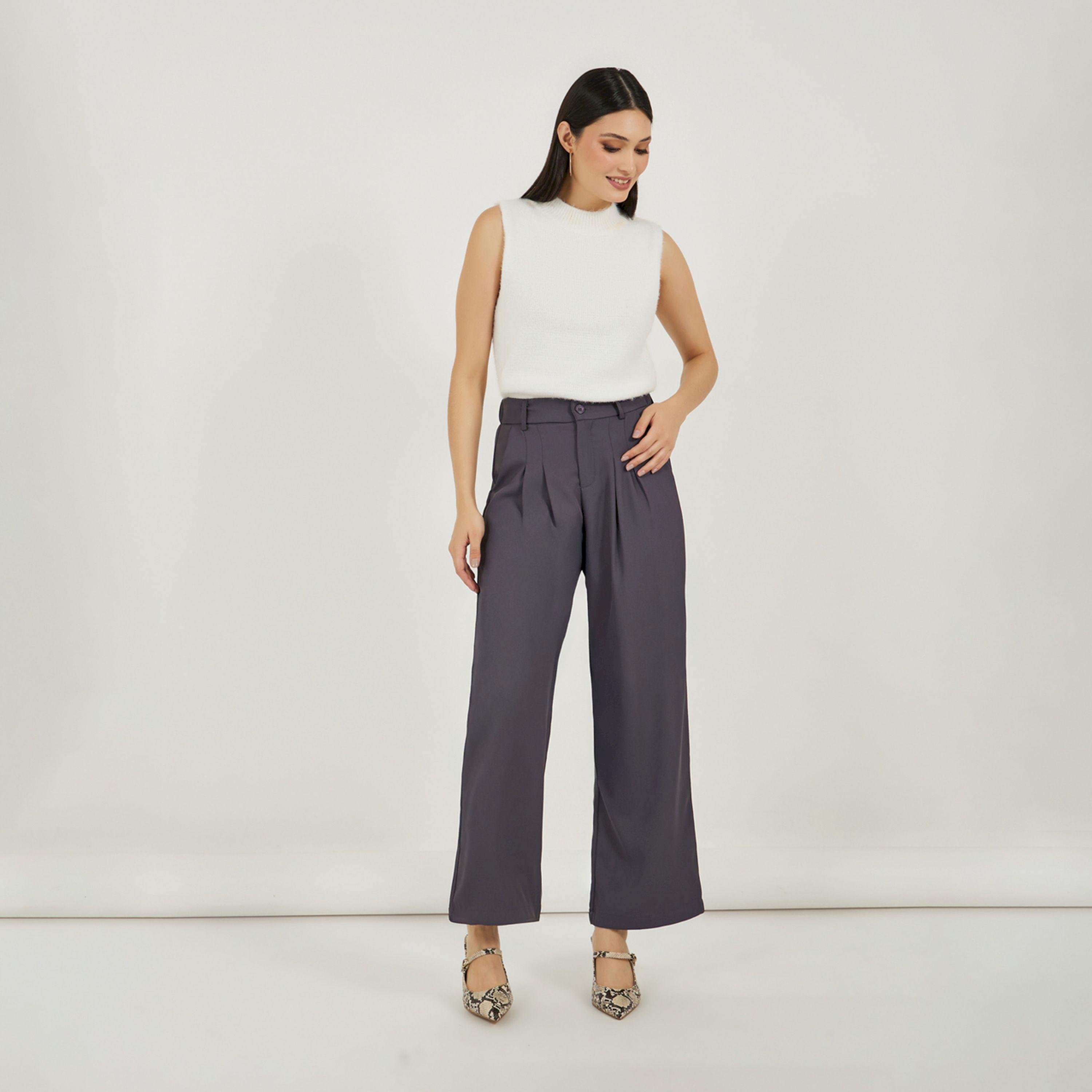 Take Two Solid Mid Rise Pleat Front Detail Relaxed Fit Pants-women-clothing-bottoms-trousers-image-1