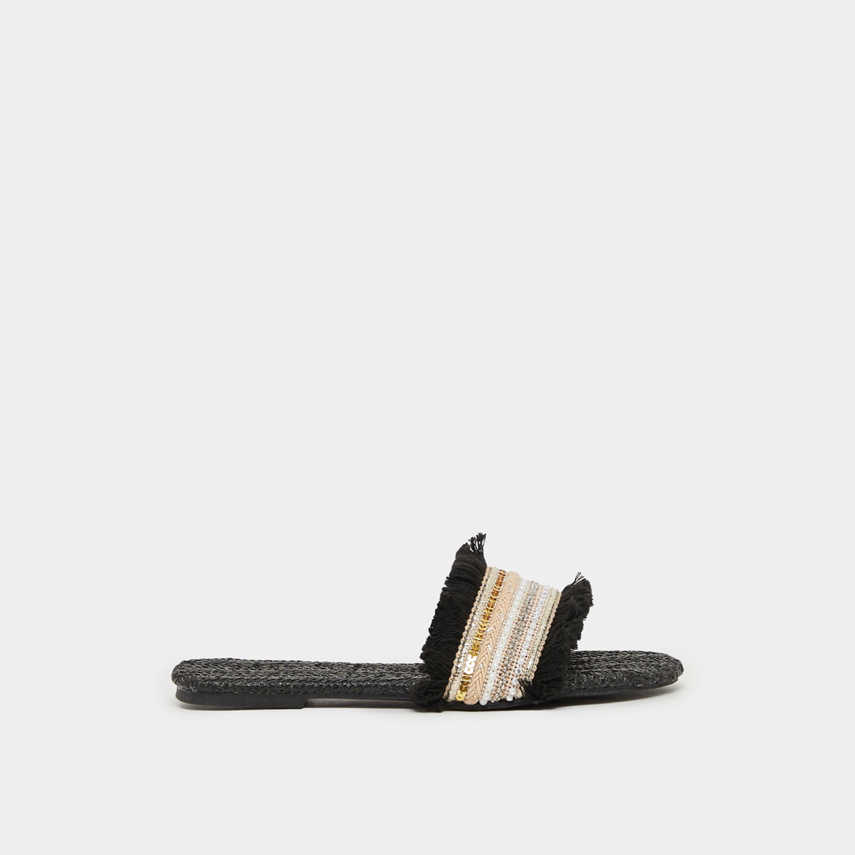 Styli Embellished Fringe Flat Sandals-women-shoes-sandals-flats-image-1