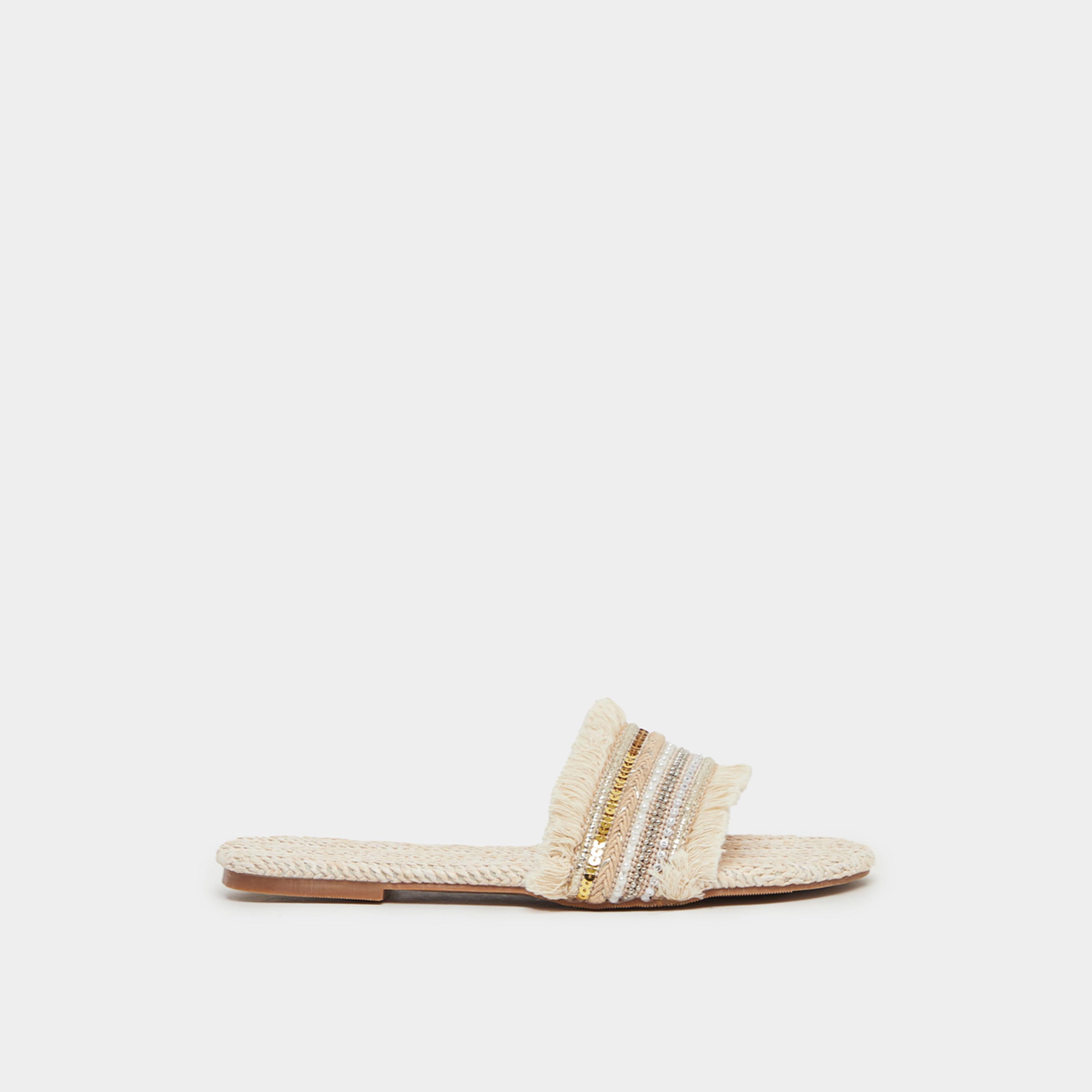 Styli Embellished Fringe Flat Sandals-women-shoes-sandals-flats-image-1