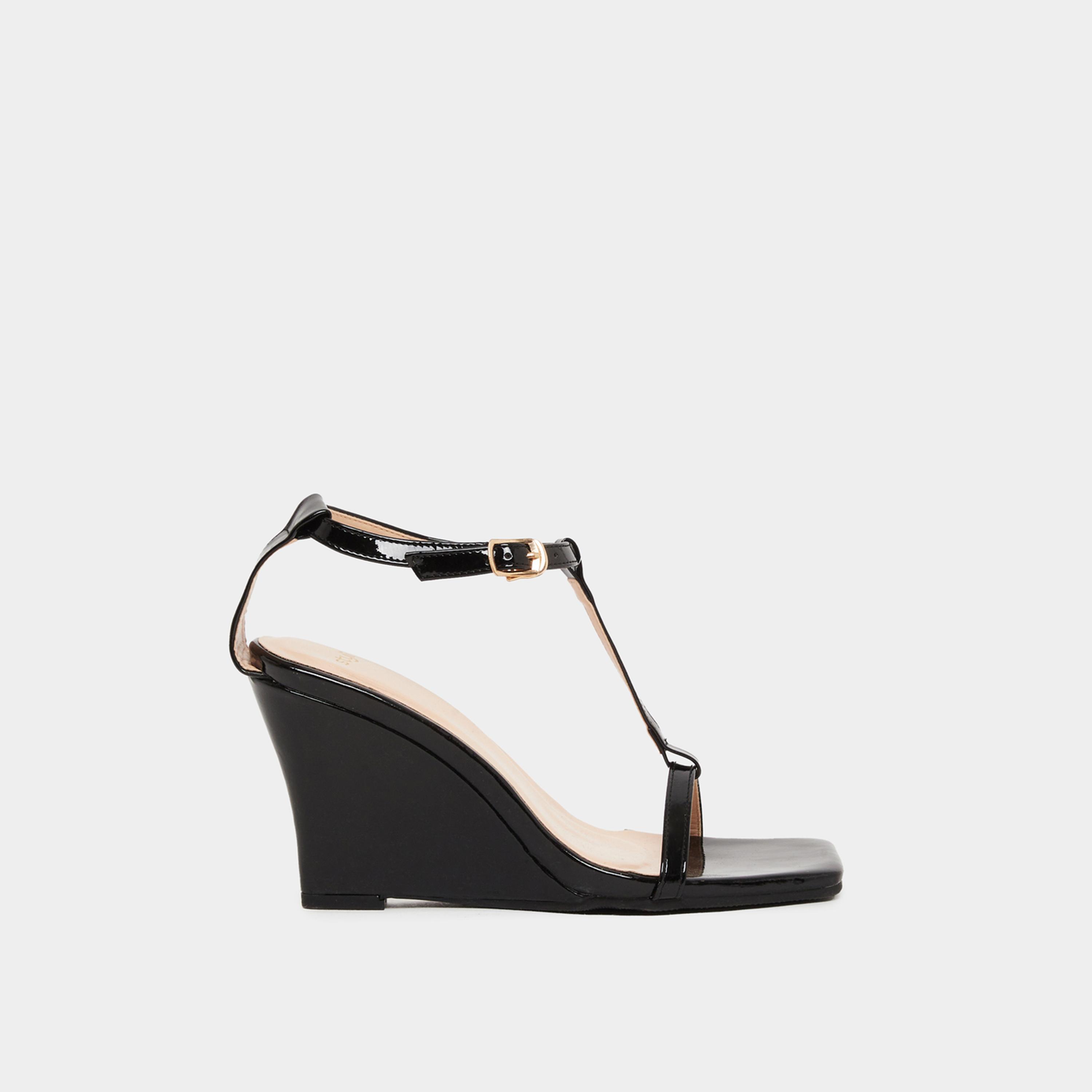 Styli Solid T-Strap Wedge Heel Sandals-women-shoes-sandals-heeled-image-1