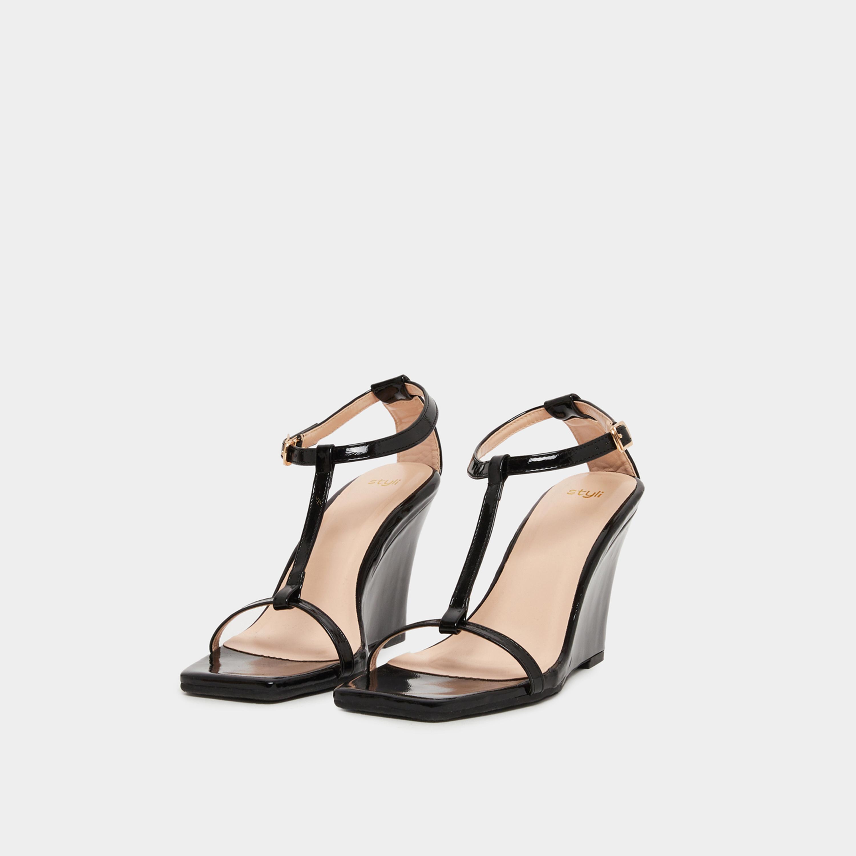 Styli Solid T-Strap Wedge Heel Sandals-women-shoes-sandals-heeled-image-2