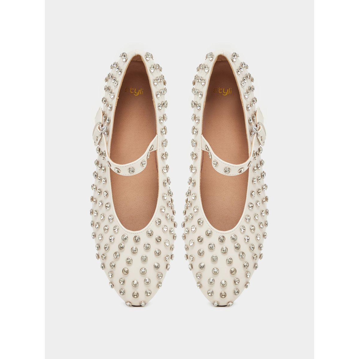 Styli Studded Pointed Toe Ballerina with Buckle Closure-women-shoes-ballerinas-image-5