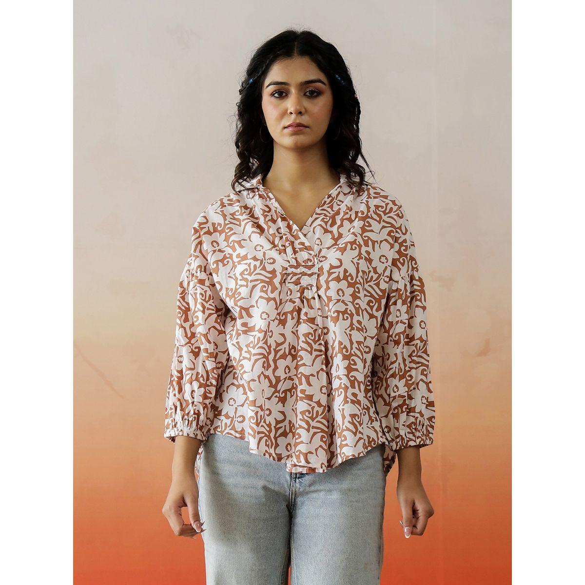 بلوزة قطن بطبعة زهور وأكمام بأساور-women-clothing-shirtsandblouses-blouses-image-1