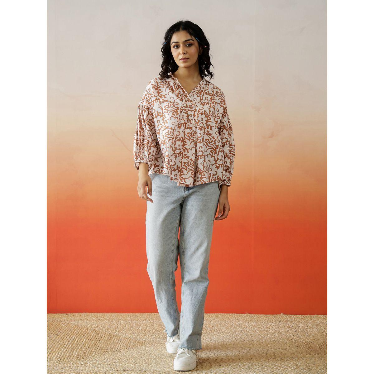 بلوزة قطن بطبعة زهور وأكمام بأساور-women-clothing-shirtsandblouses-blouses-image-3