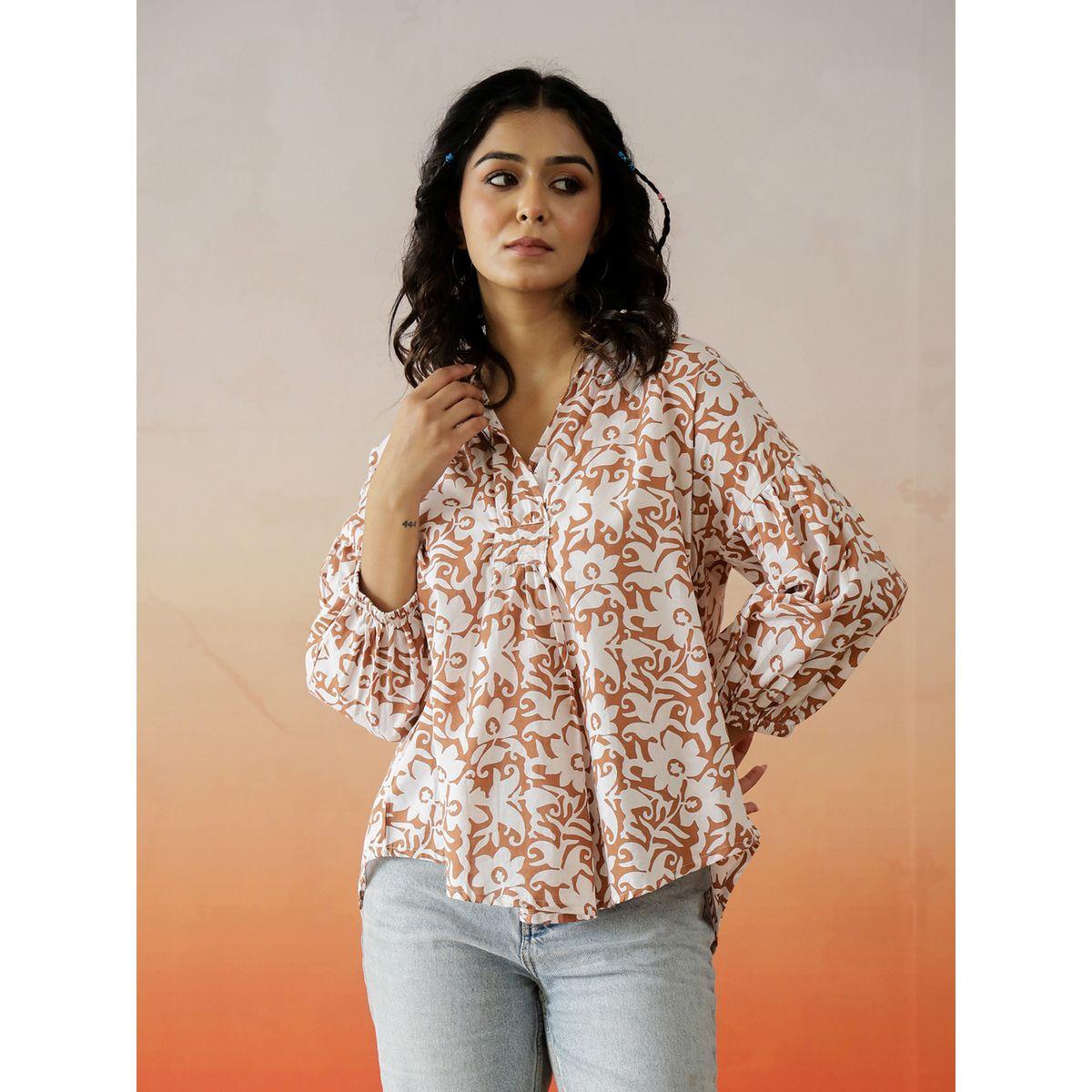 بلوزة قطن بطبعة زهور وأكمام بأساور-women-clothing-shirtsandblouses-blouses-image-4