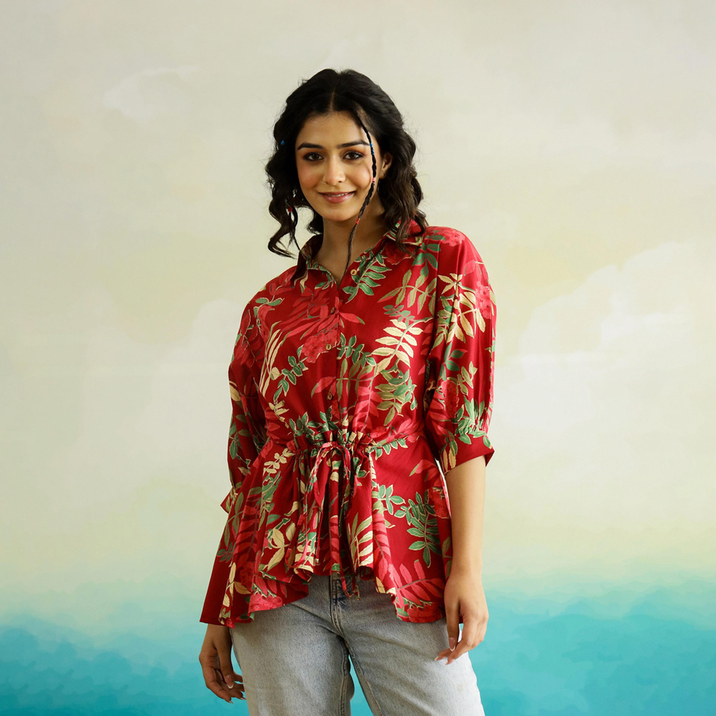 Sanskrutihomes X Styli Tropical Printed Batwing Sleeve Cotton Top With Ruched Detail-women-clothing-shirtsandblouses-blouses-image-1