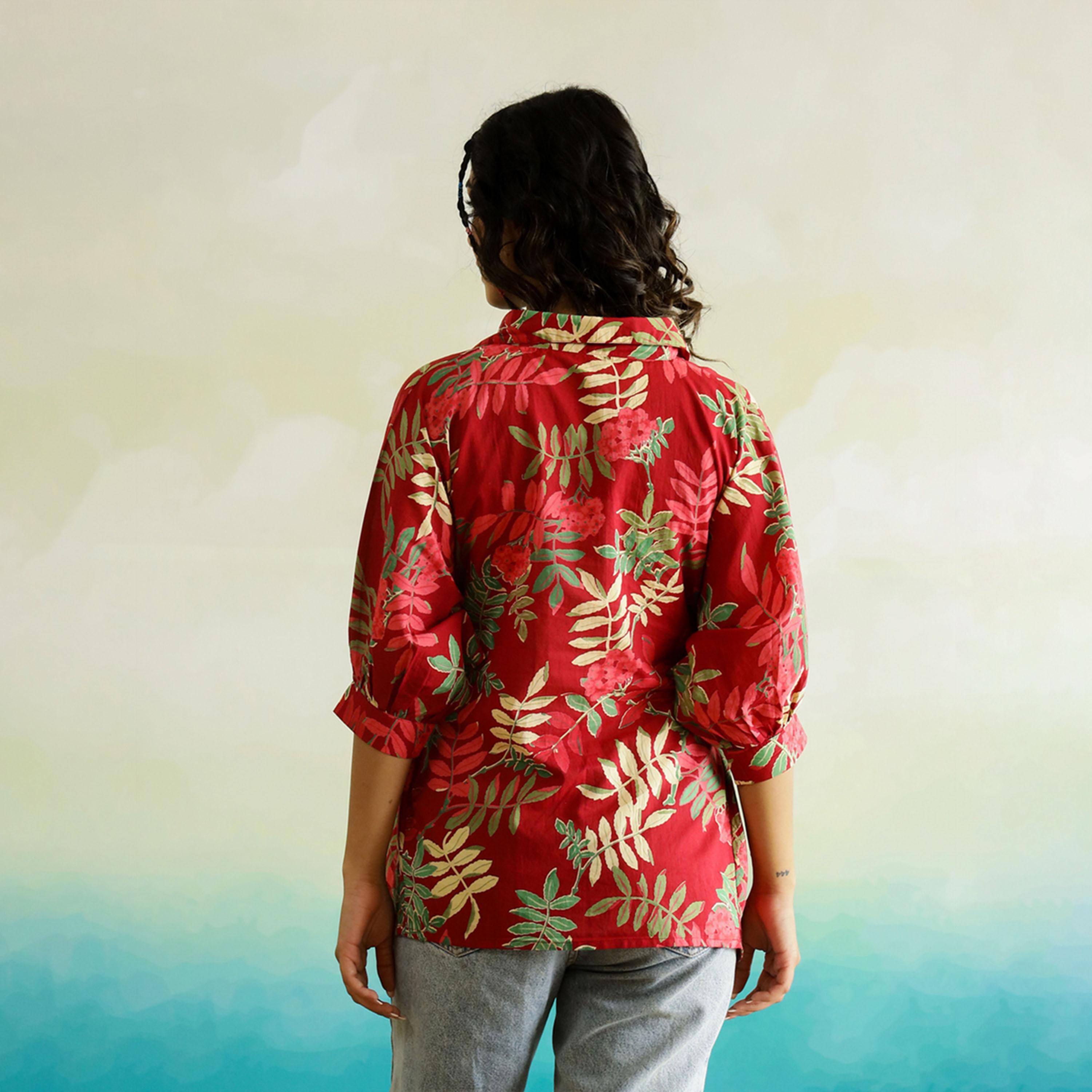 Sanskrutihomes X Styli Tropical Printed Batwing Sleeve Cotton Top With Ruched Detail-women-clothing-shirtsandblouses-blouses-image-2