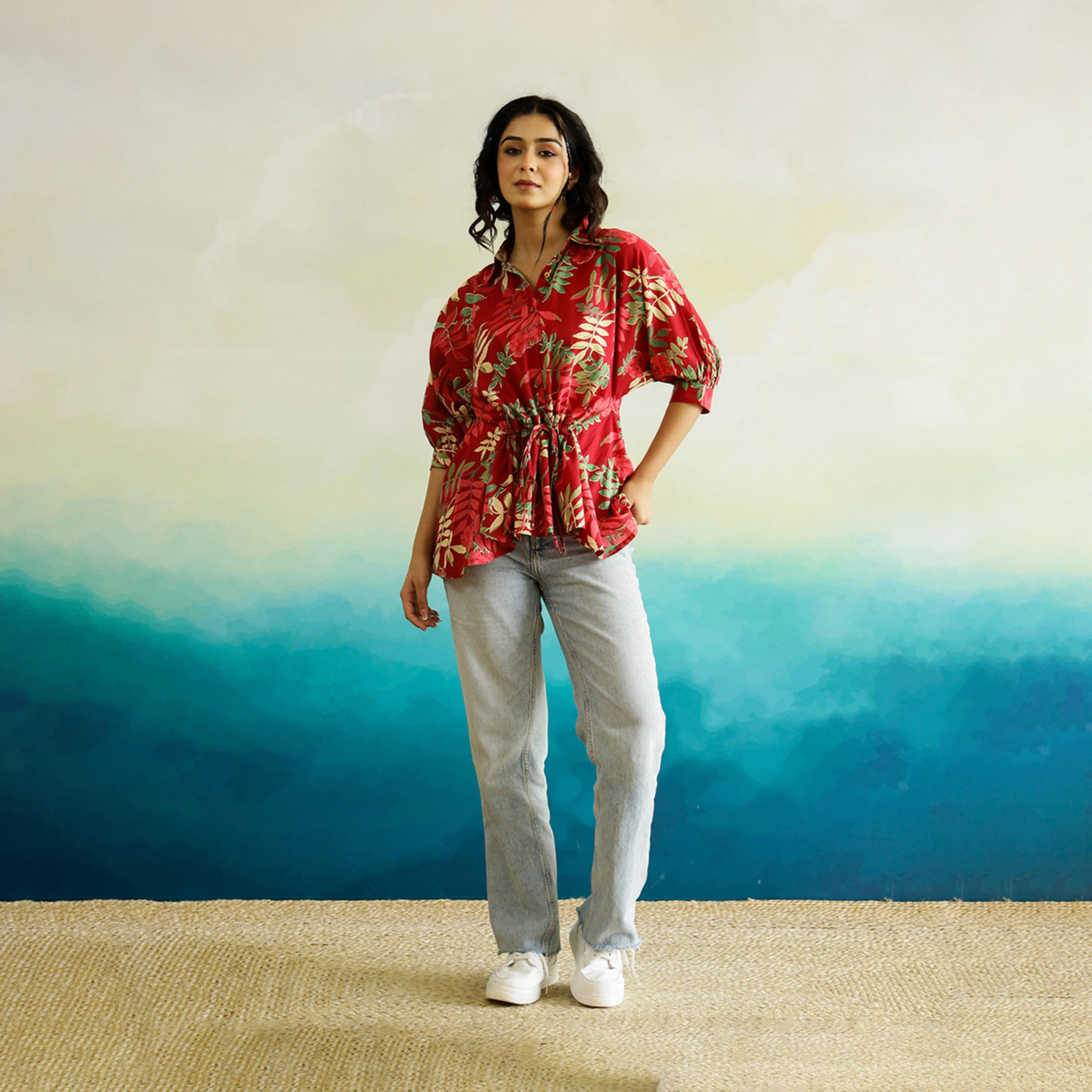 Sanskrutihomes X Styli Tropical Printed Batwing Sleeve Cotton Top With Ruched Detail-women-clothing-shirtsandblouses-blouses-image-3