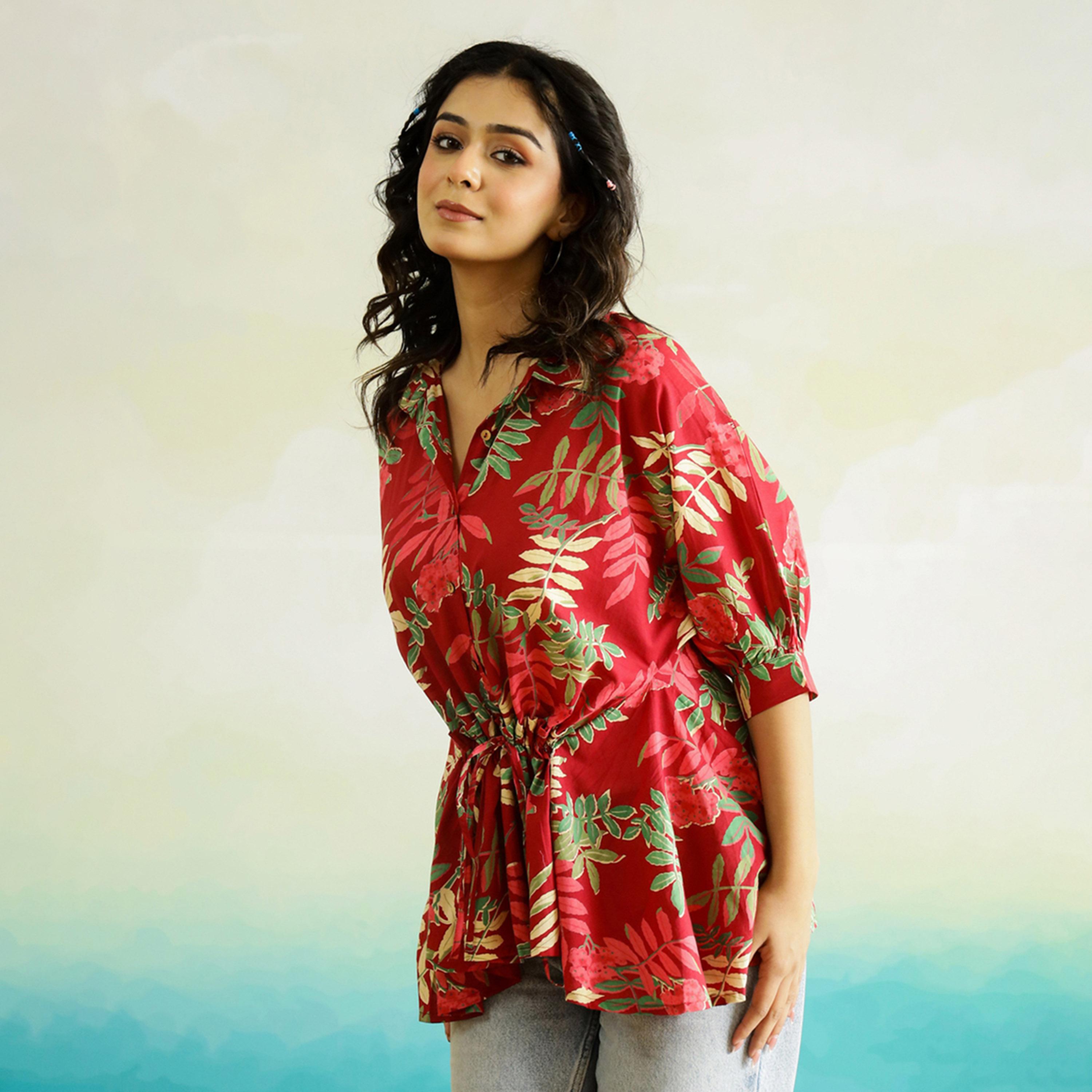Sanskrutihomes X Styli Tropical Printed Batwing Sleeve Cotton Top With Ruched Detail-women-clothing-shirtsandblouses-blouses-image-4