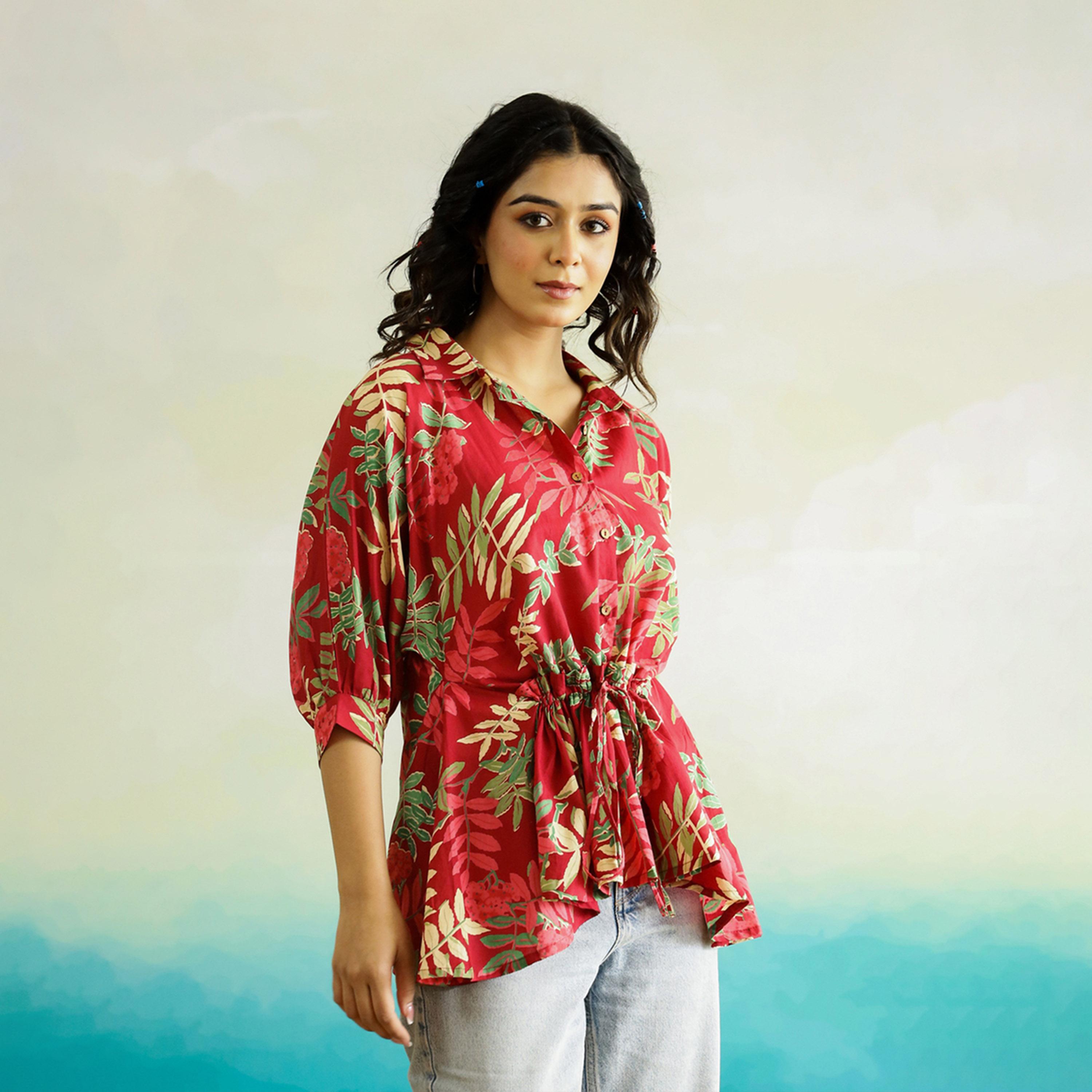 Sanskrutihomes X Styli Tropical Printed Batwing Sleeve Cotton Top With Ruched Detail-women-clothing-shirtsandblouses-blouses-image-5