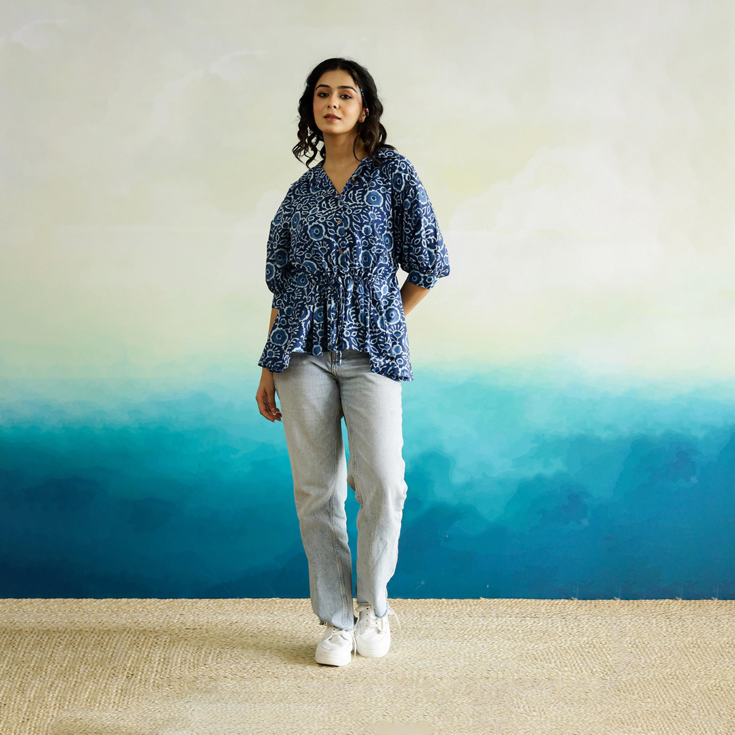 Sanskrutihomes X Styli Floral Printed Batwing Sleeve Cotton Top With Ruched Detail-women-clothing-shirtsandblouses-blouses-image-1