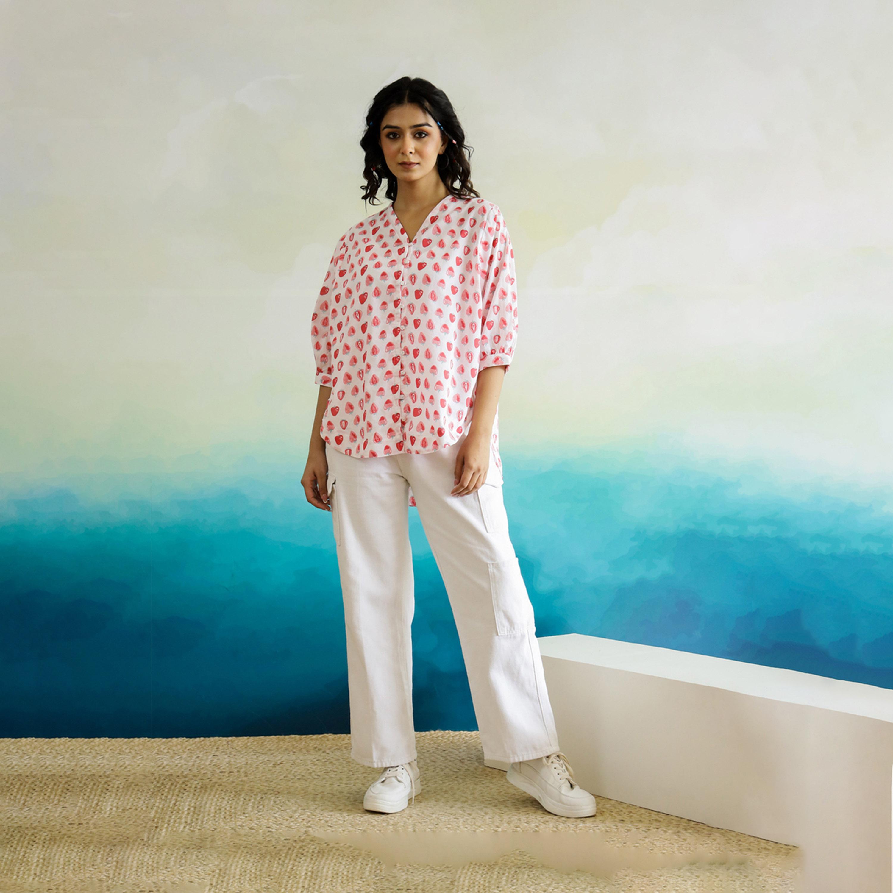 Sanskrutihomes X Styli All-Over Print V-Neck Batwing Sleeve Cotton Top-women-clothing-shirtsandblouses-blouses-image-1