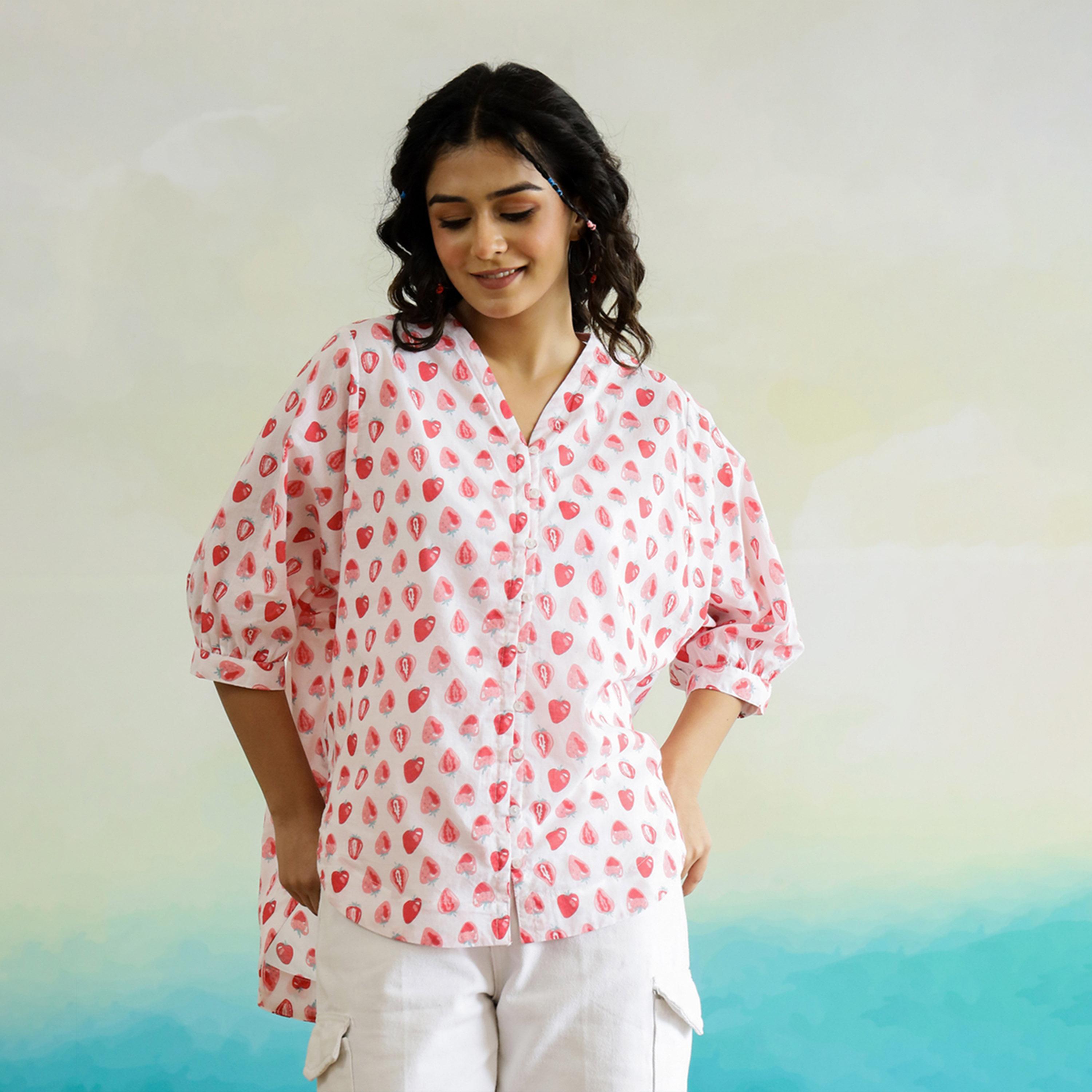 Sanskrutihomes X Styli All-Over Print V-Neck Batwing Sleeve Cotton Top-women-clothing-shirtsandblouses-blouses-image-3