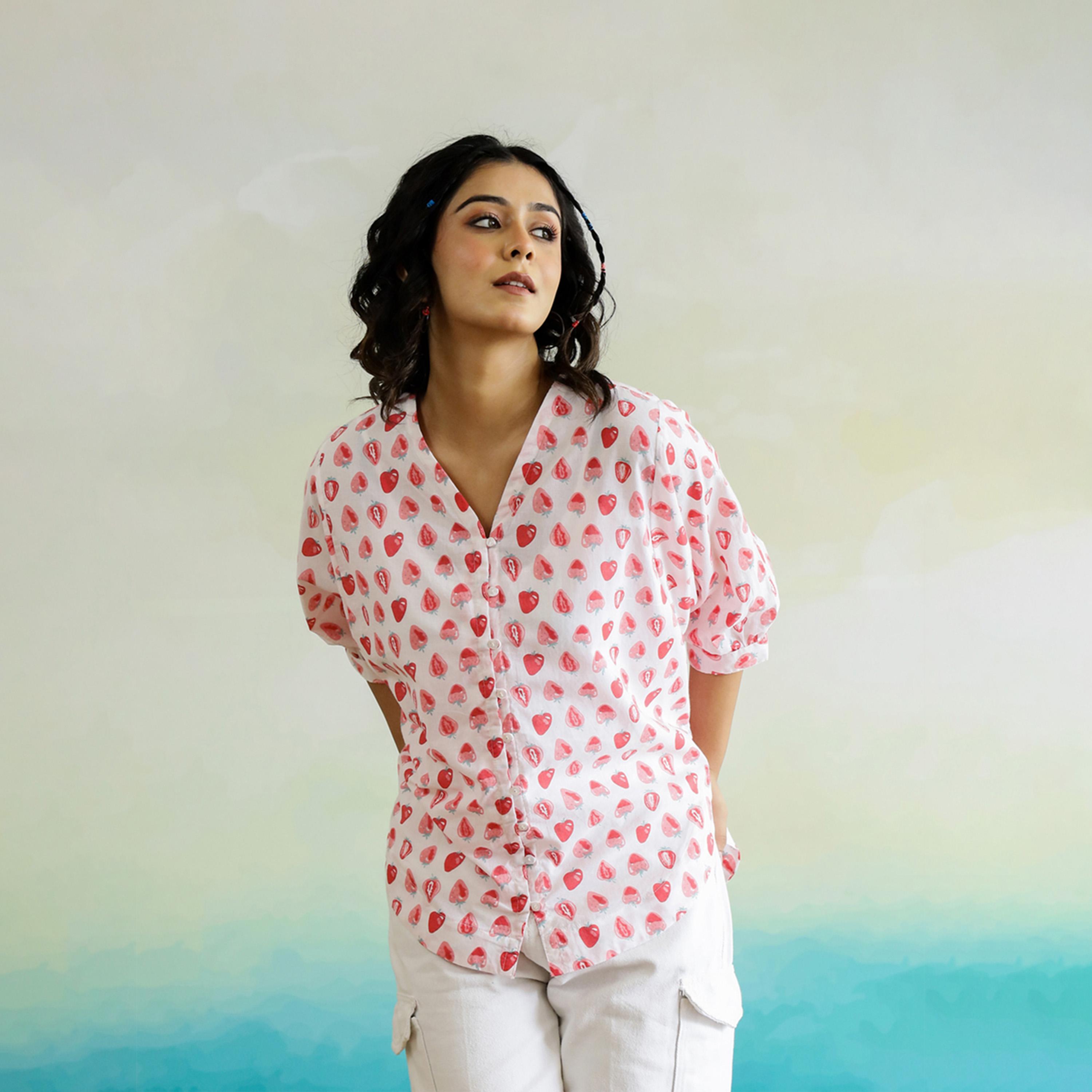 Sanskrutihomes X Styli All-Over Print V-Neck Batwing Sleeve Cotton Top-women-clothing-shirtsandblouses-blouses-image-4