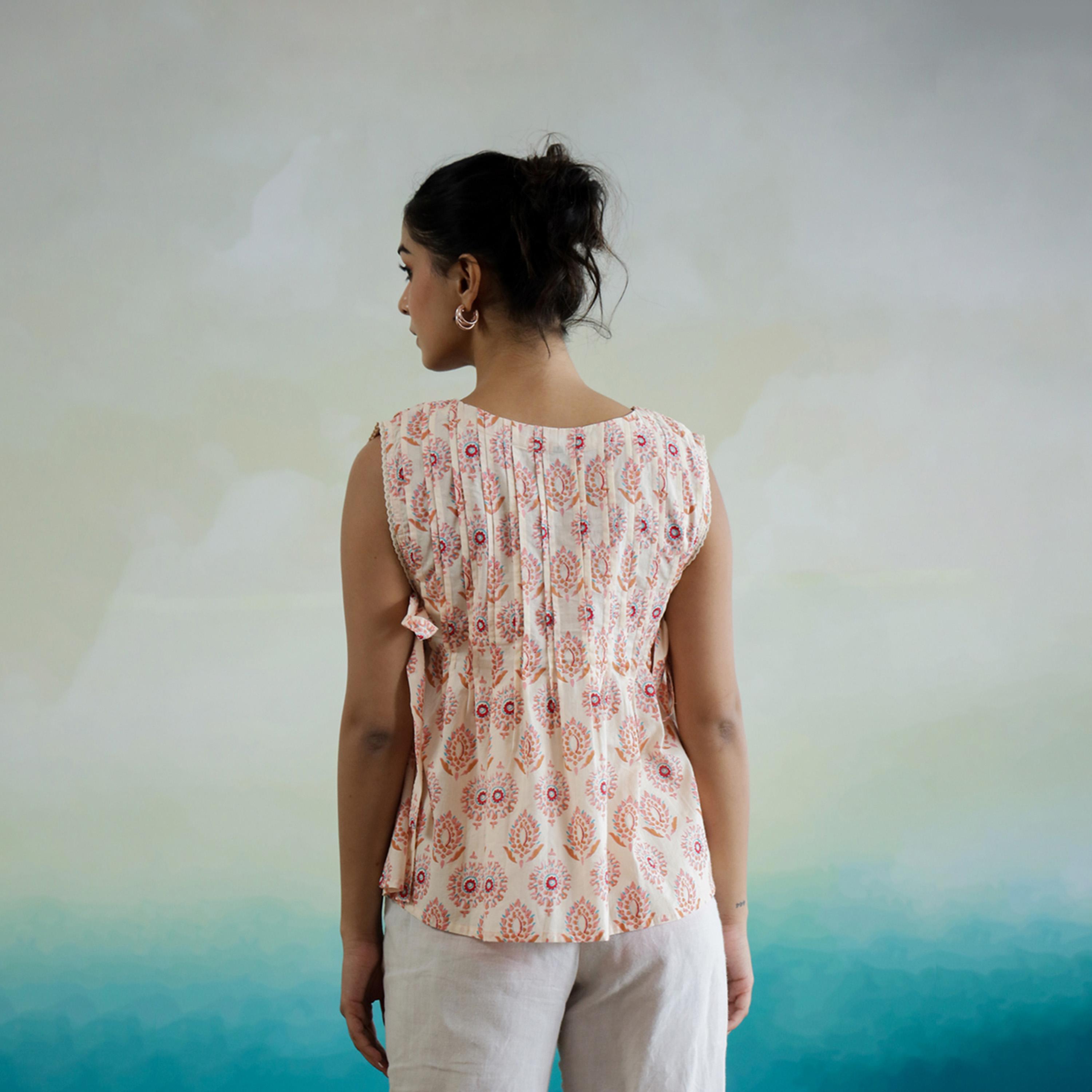 Sanskrutihomes X Styli Floral Print Sleeveless Cotton Top With Side Tie-Up Detail-women-clothing-shirtsandblouses-blouses-image-2