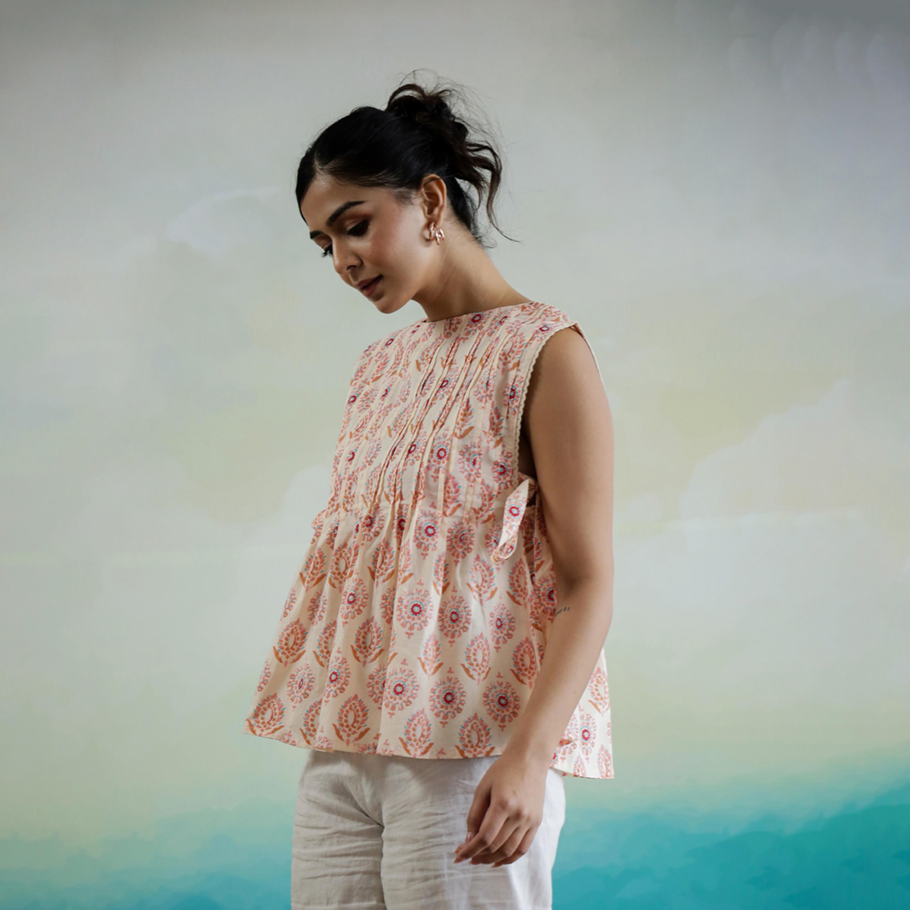 Sanskrutihomes X Styli Floral Print Sleeveless Cotton Top With Side Tie-Up Detail-women-clothing-shirtsandblouses-blouses-image-4