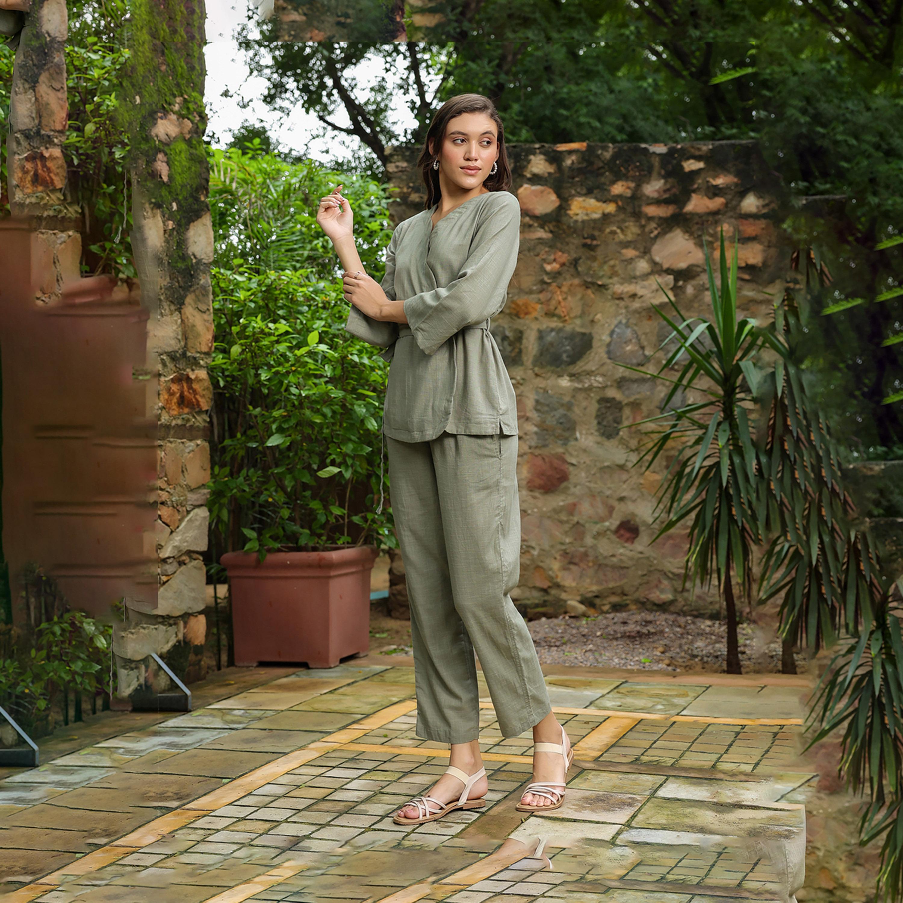Sanskrutihomes X Styli Solid Cotton Belted Wrap Top With Trouser Co-Ords-women-clothing-coordsets-image-4