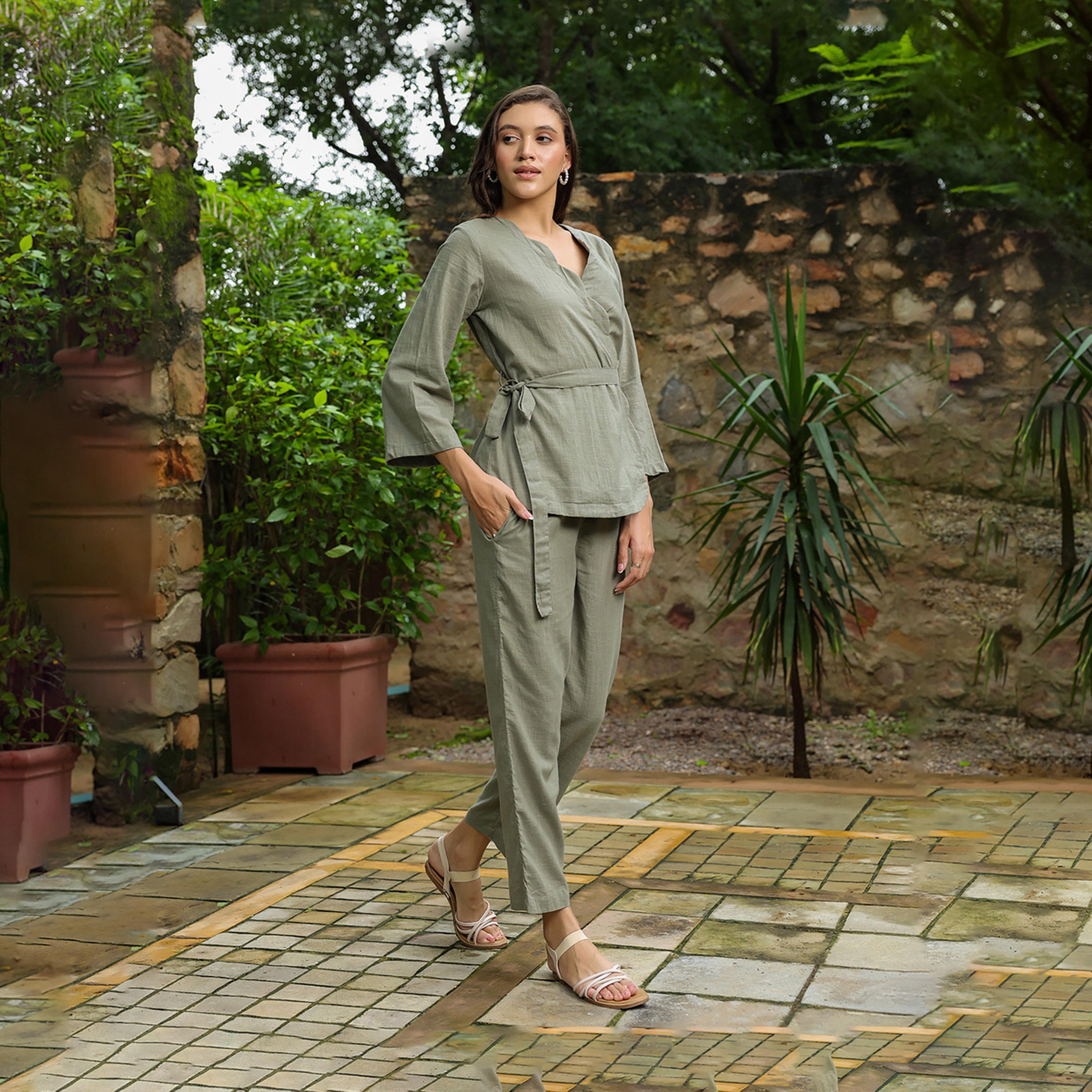 Sanskrutihomes X Styli Solid Cotton Belted Wrap Top With Trouser Co-Ords-women-clothing-coordsets-image-5