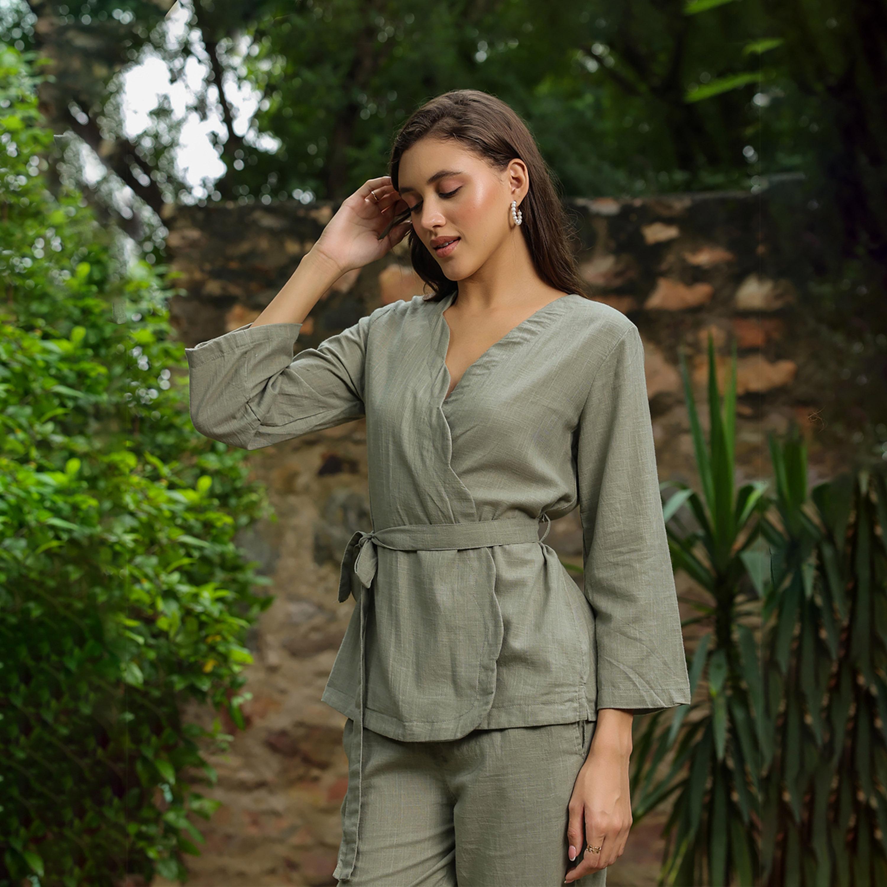 Sanskrutihomes X Styli Solid Cotton Belted Wrap Top With Trouser Co-Ords-women-clothing-coordsets-image-6