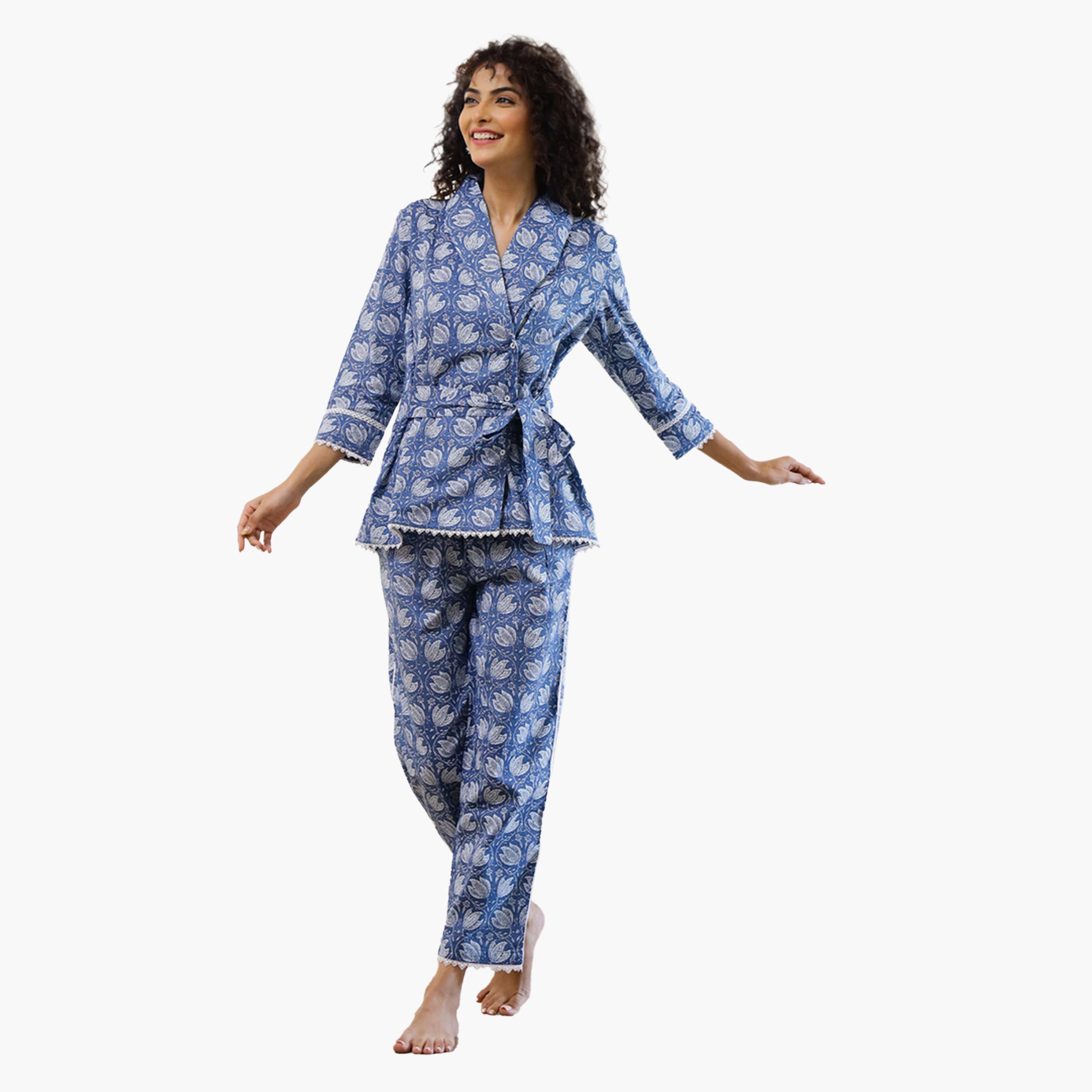 Sanskrutihomes X Styli Floral Printed Lapel Collar Top and Pyjama Set-women-clothing-coordsets-image-1