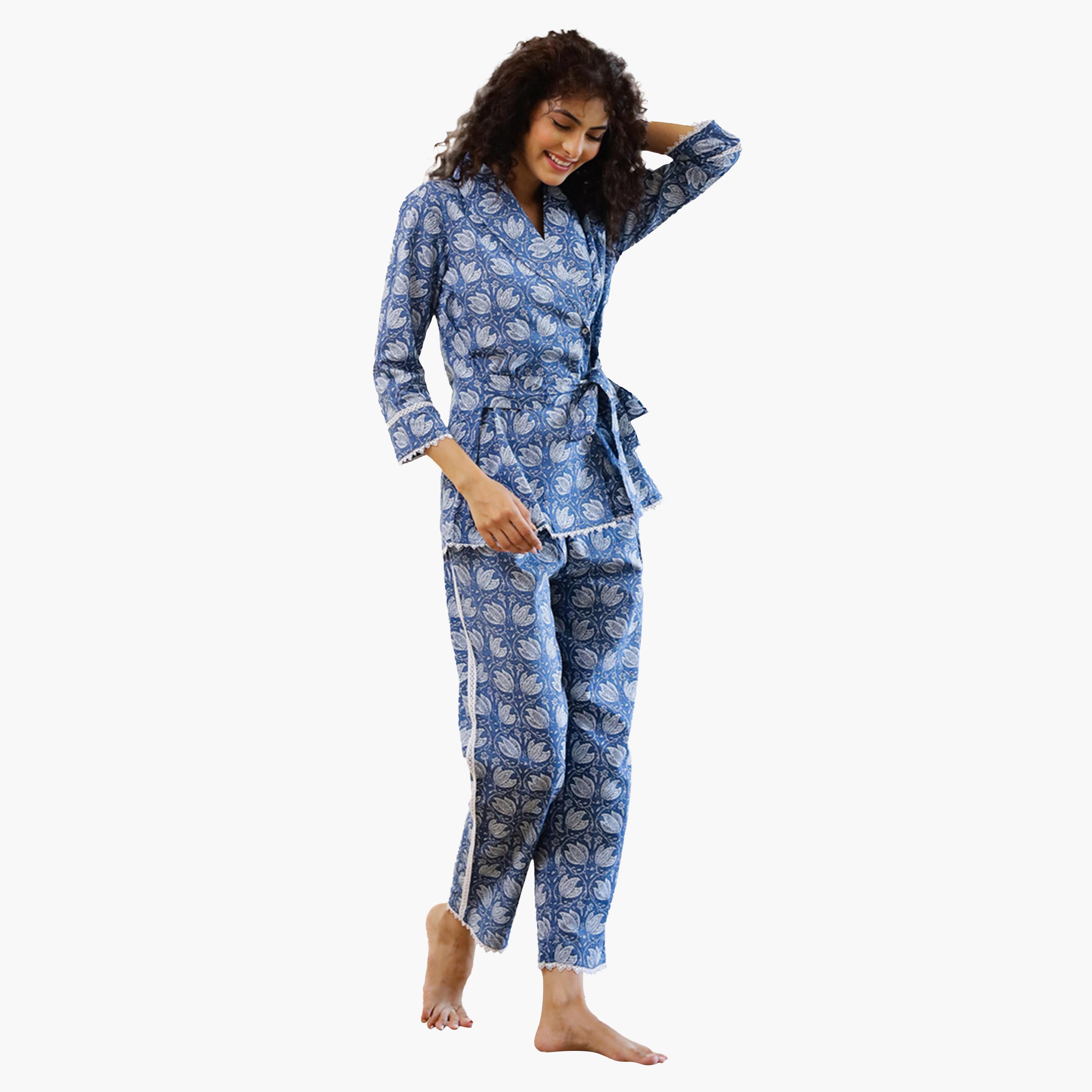 Sanskrutihomes X Styli Floral Printed Lapel Collar Top and Pyjama Set-women-clothing-coordsets-image-2