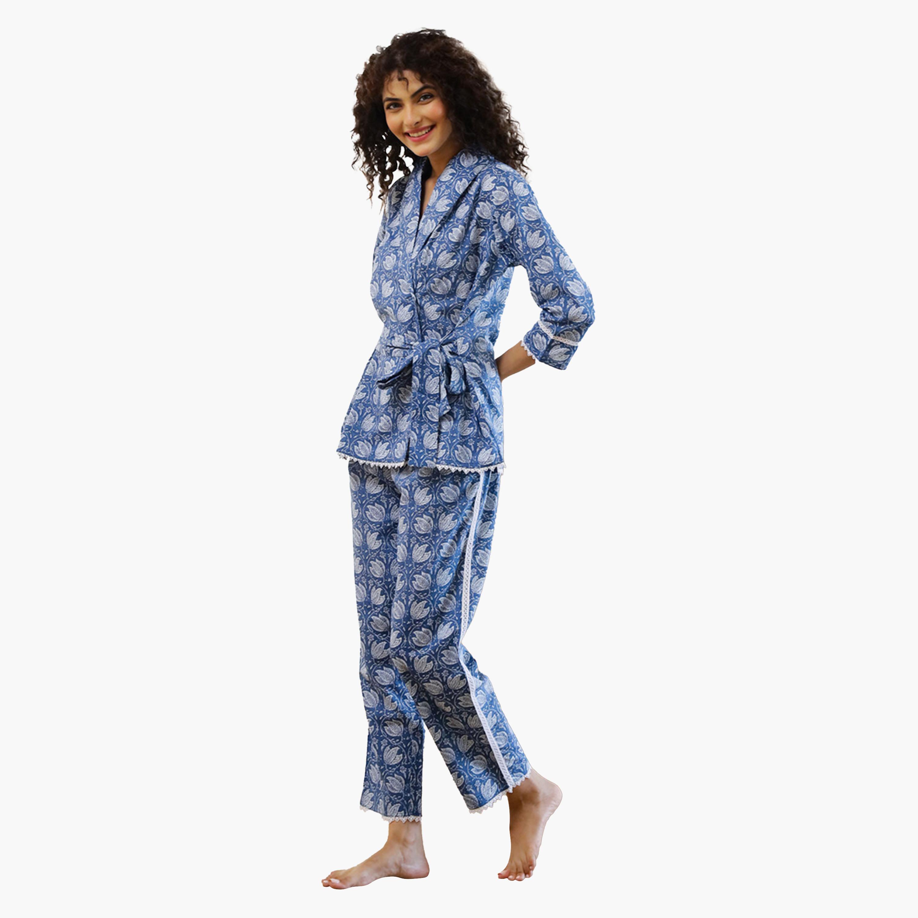Sanskrutihomes X Styli Floral Printed Lapel Collar Top and Pyjama Set-women-clothing-coordsets-image-5