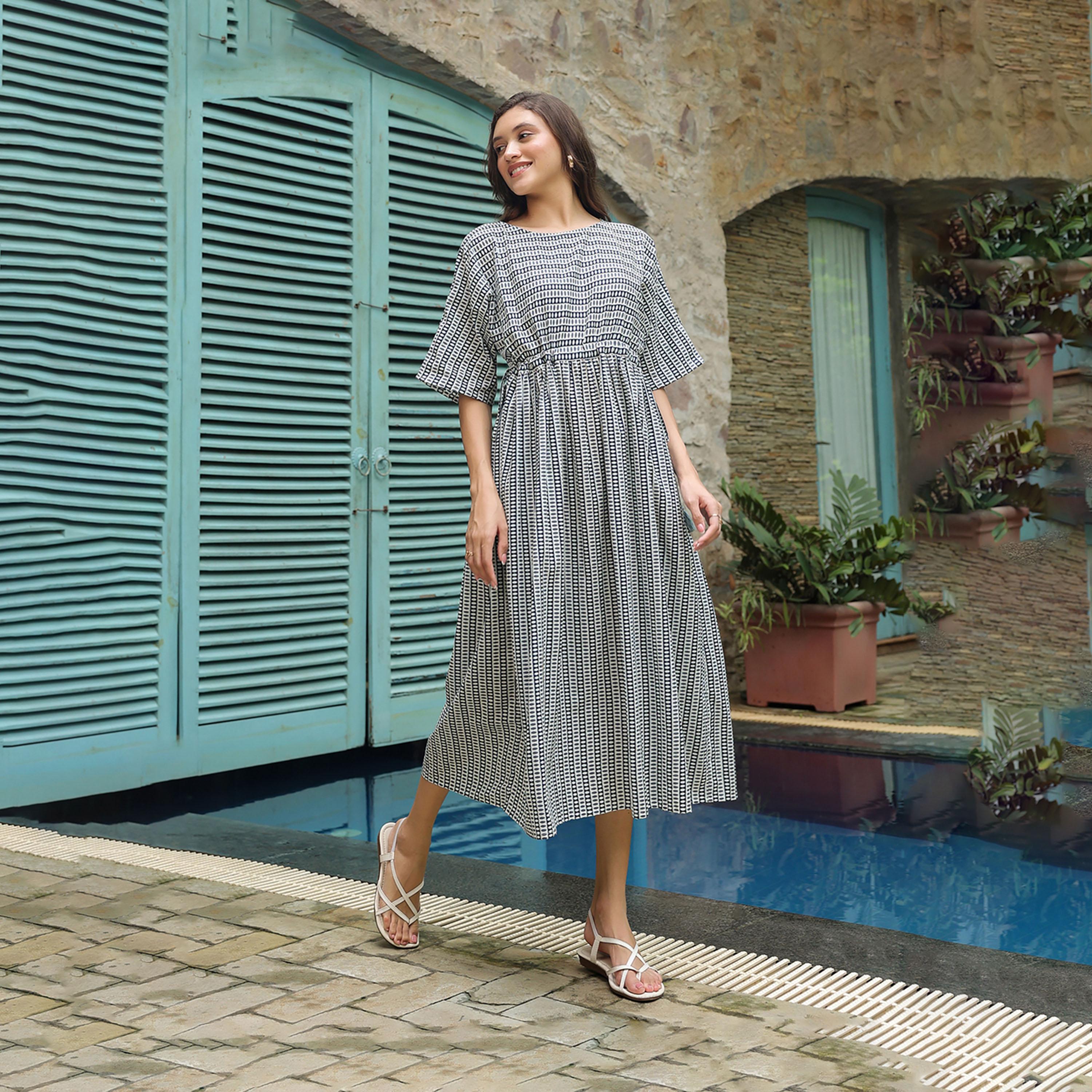 Sanskrutihomes X Styli All-Over Print Batwing Sleeve Cotton Midi Dress-women-clothing-dresses-image-4