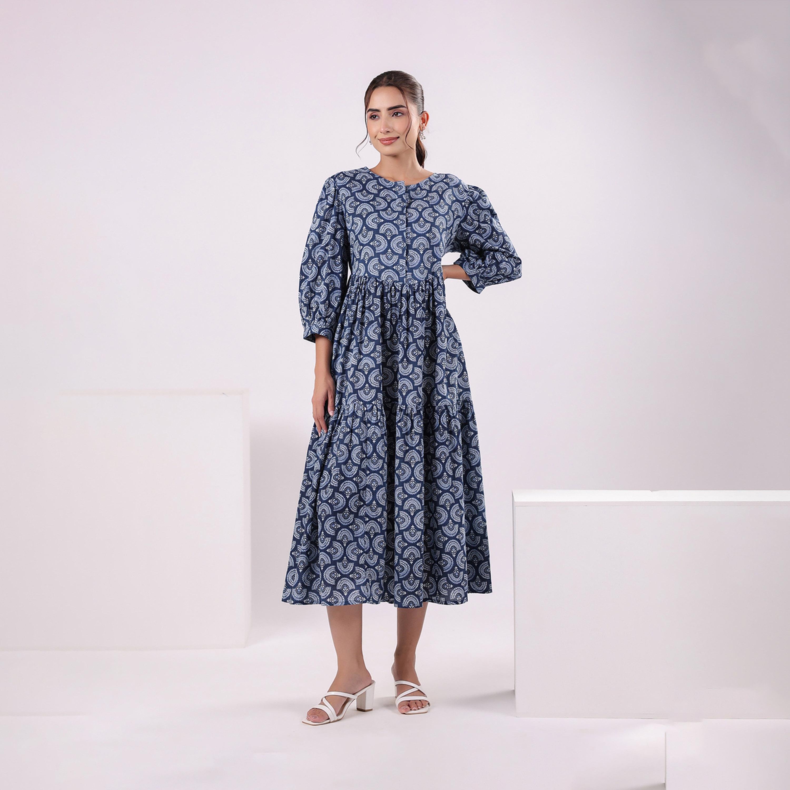 Sanskrutihomes X Styli Printed Puff Sleeve Round Neck A-Line Midi Dress-women-clothing-dresses-image-1