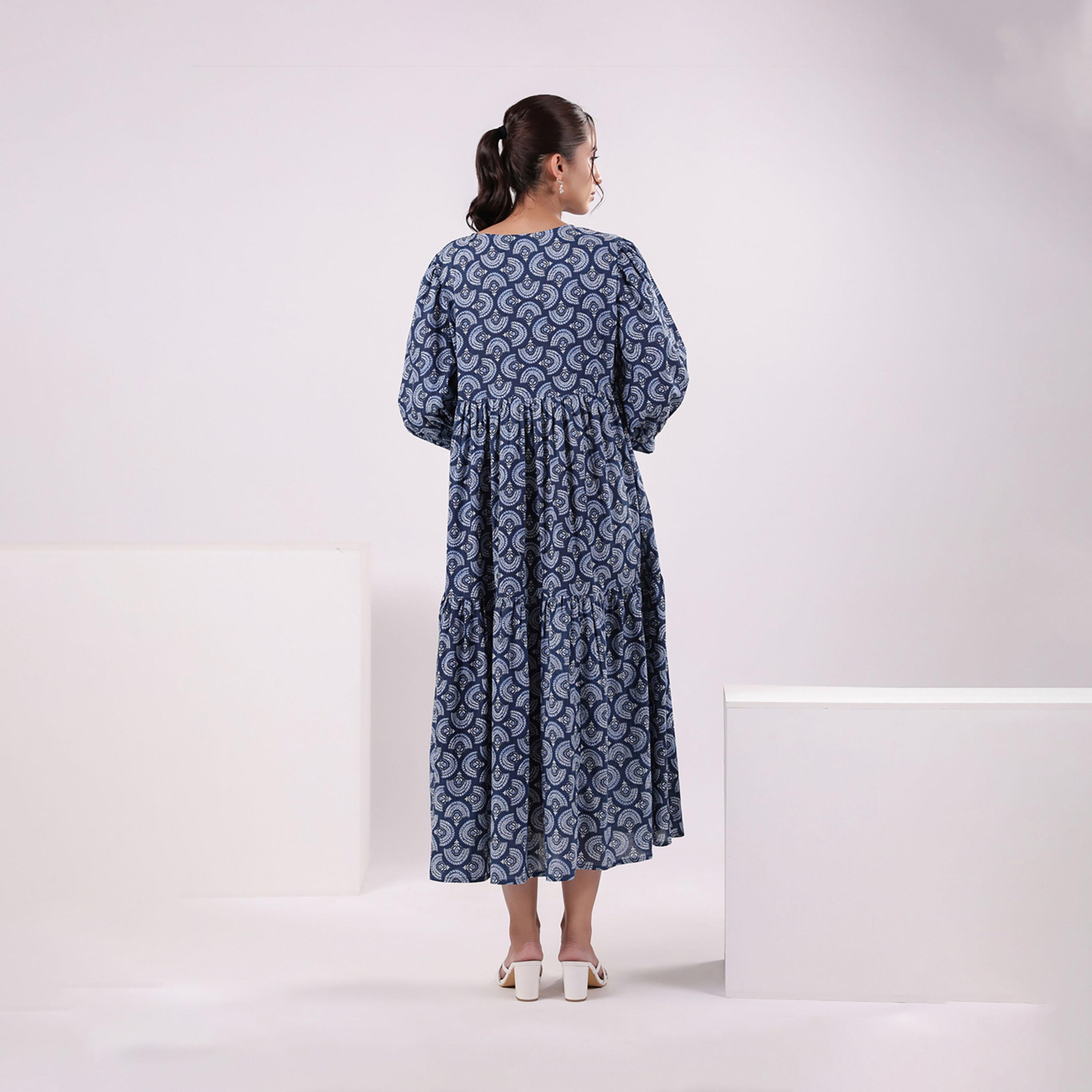 Sanskrutihomes X Styli Printed Puff Sleeve Round Neck A-Line Midi Dress-women-clothing-dresses-image-2