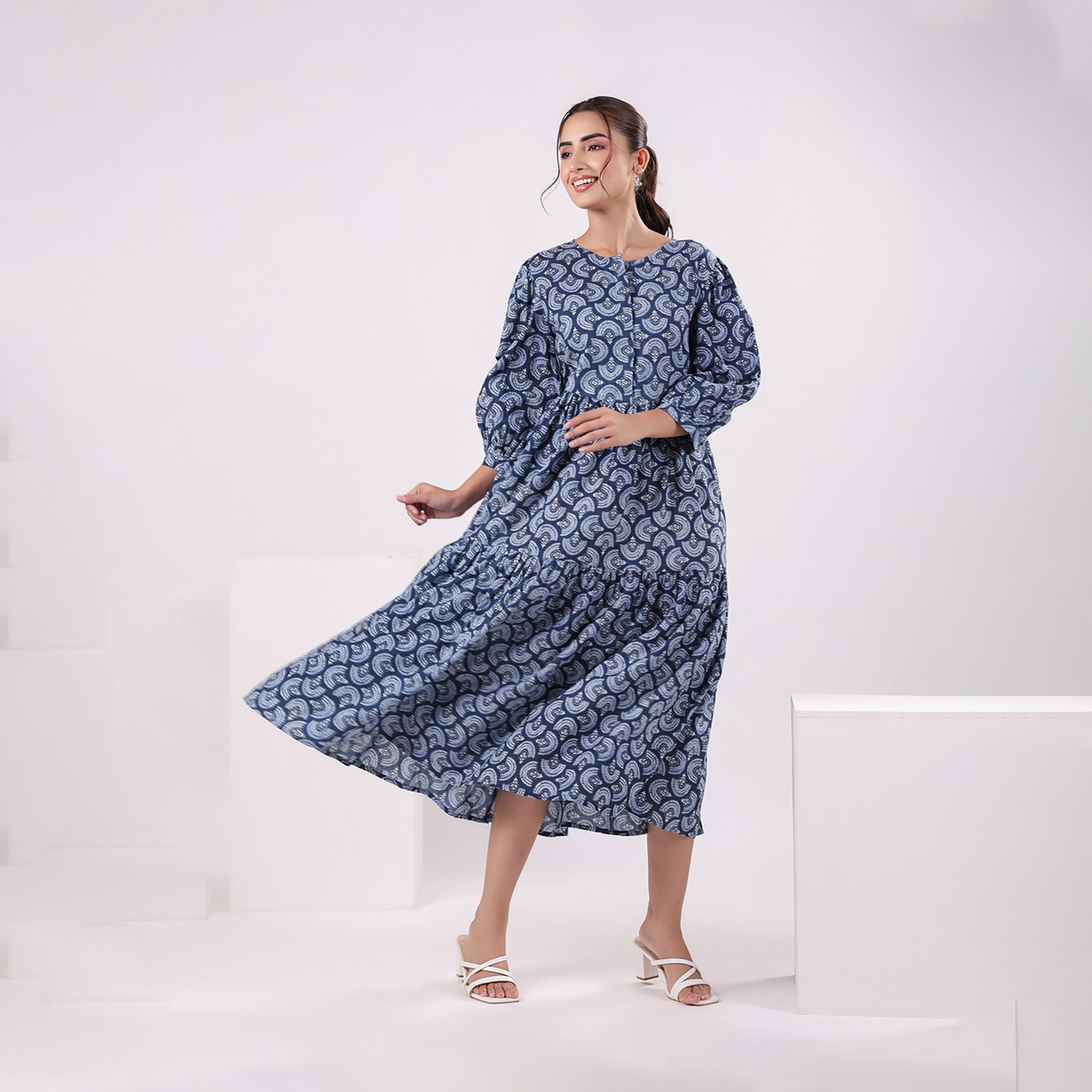 Sanskrutihomes X Styli Printed Puff Sleeve Round Neck A-Line Midi Dress-women-clothing-dresses-image-3
